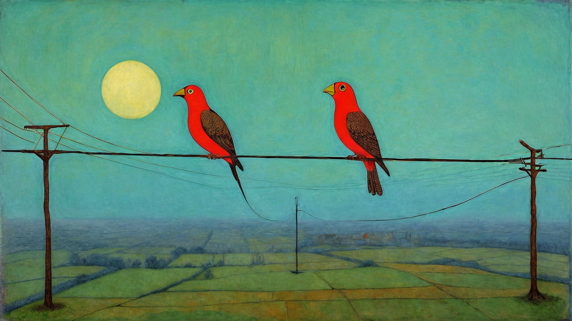 Red Birds on Power Line with Blue Sky and Sunlight