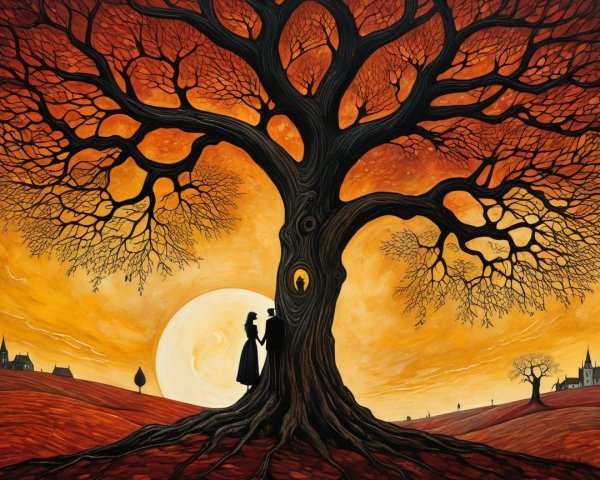 Gnarled Tree Silhouette at Sunset with Figures and Keyhole