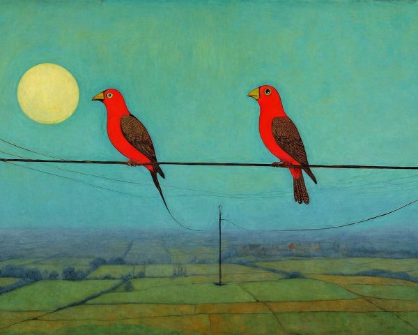 Red Birds on Power Line with Blue Sky and Sunlight