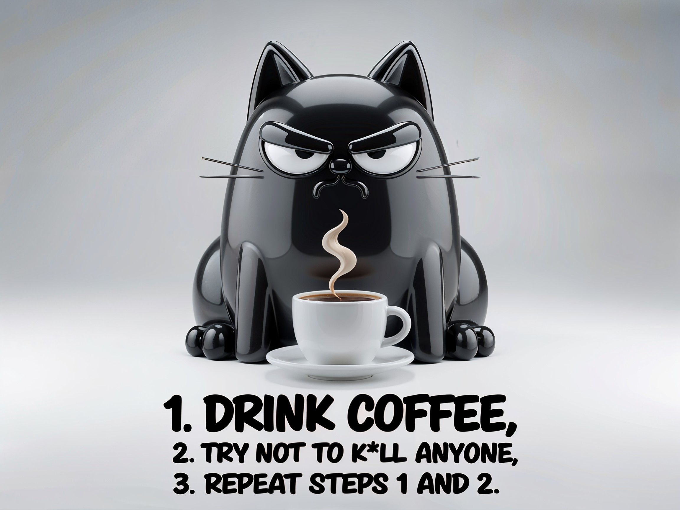 Grumpy Black Cat Figurine with Coffee Humor Elements