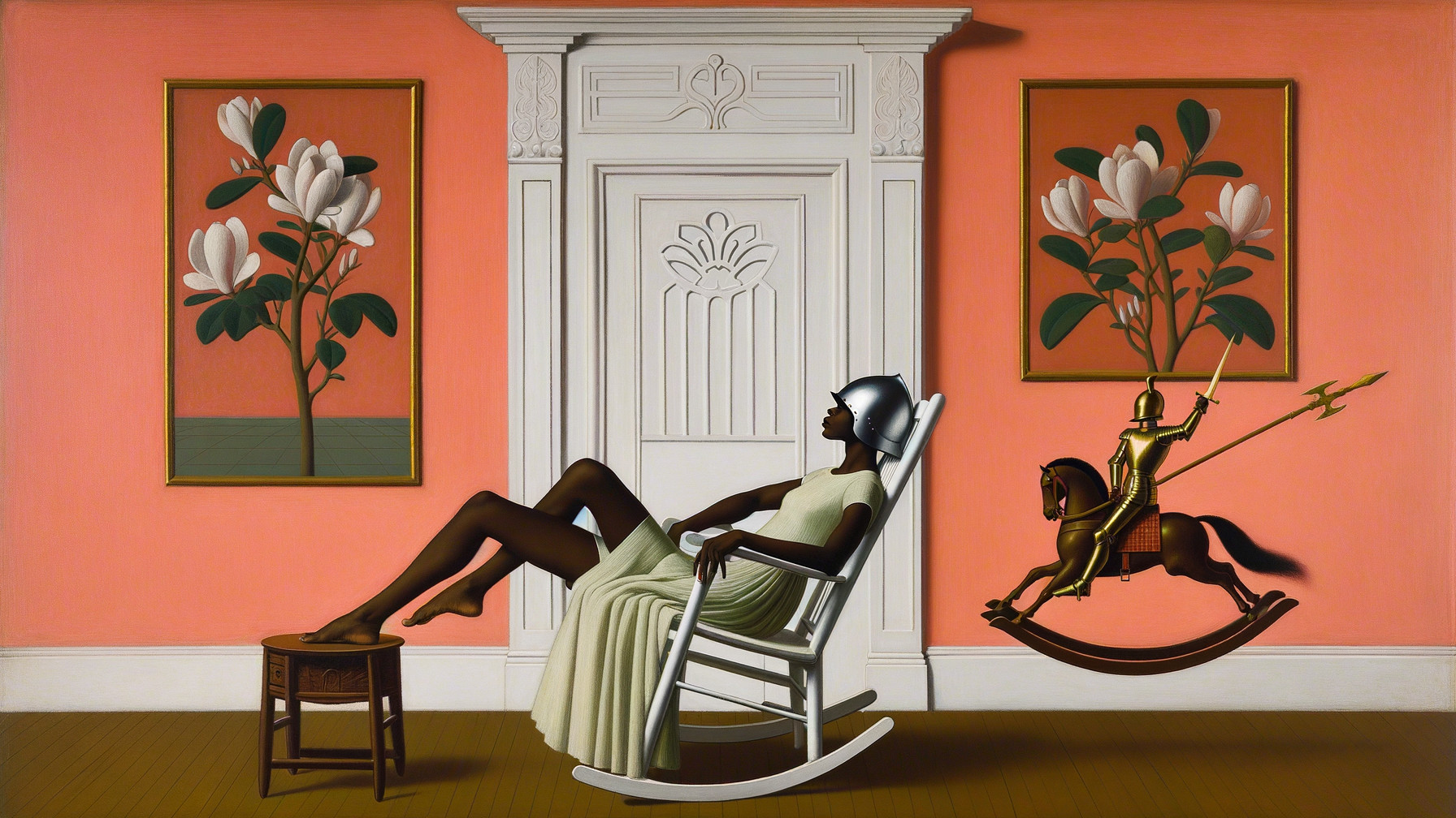 Serene Interior with Woman in White Dress and Decor