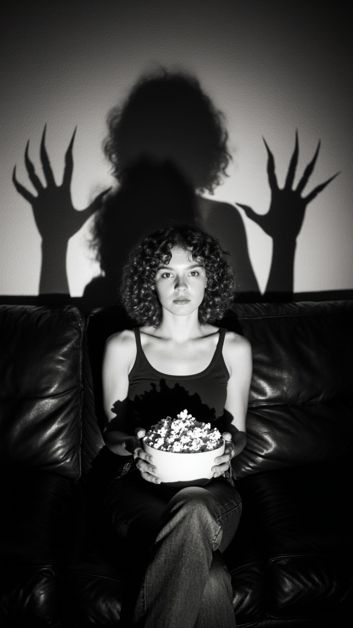 Young woman with popcorn in dim room with shadows