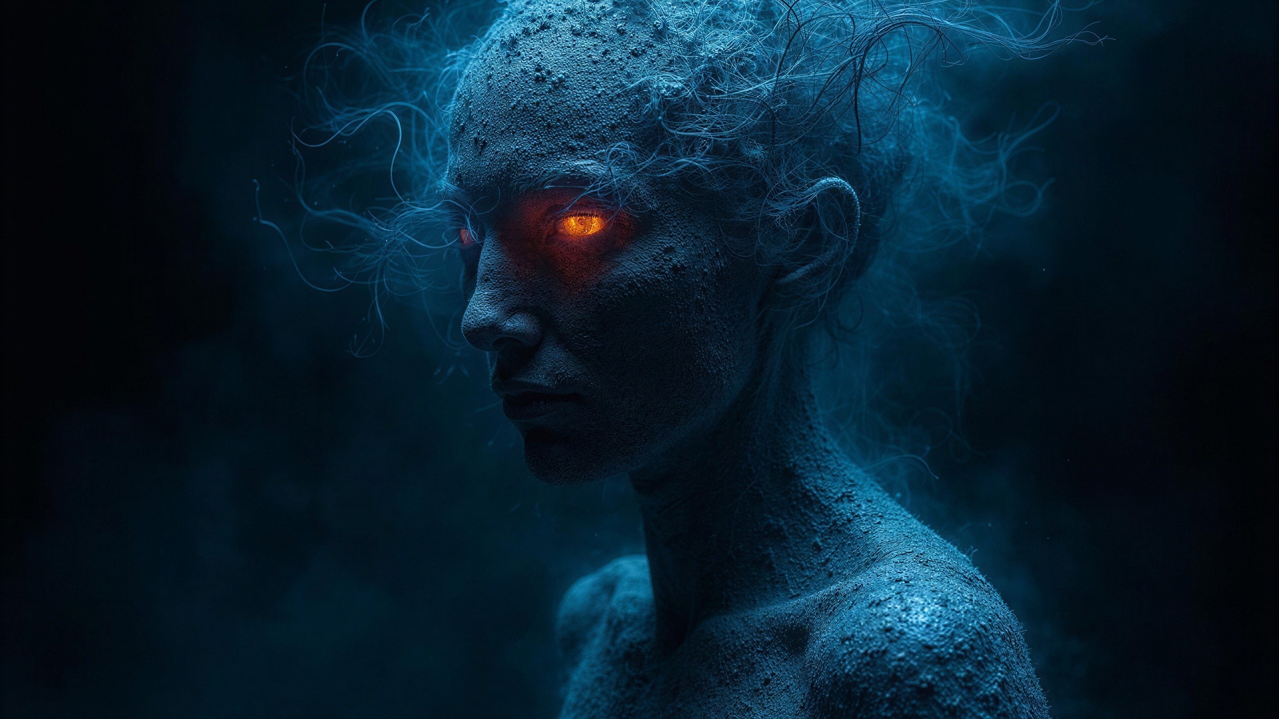 Close-Up of Woman with Blue Powder and Orange Eyes