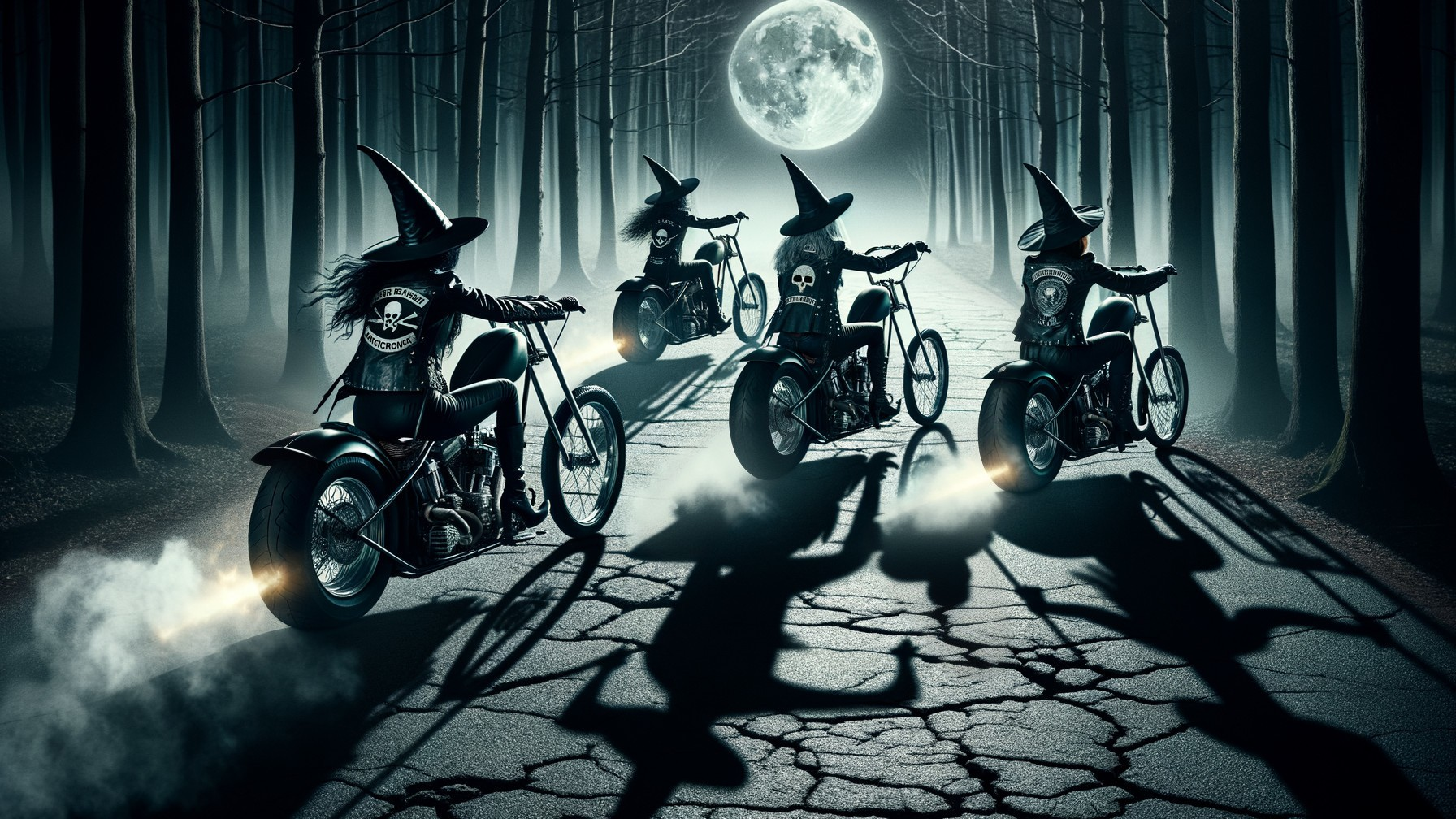 Witches on Motorcycles in a Dark Forest at Night