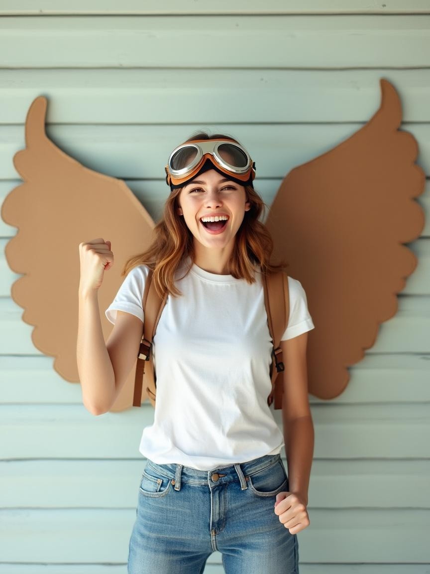 Young woman with cardboard wings by wooden wall