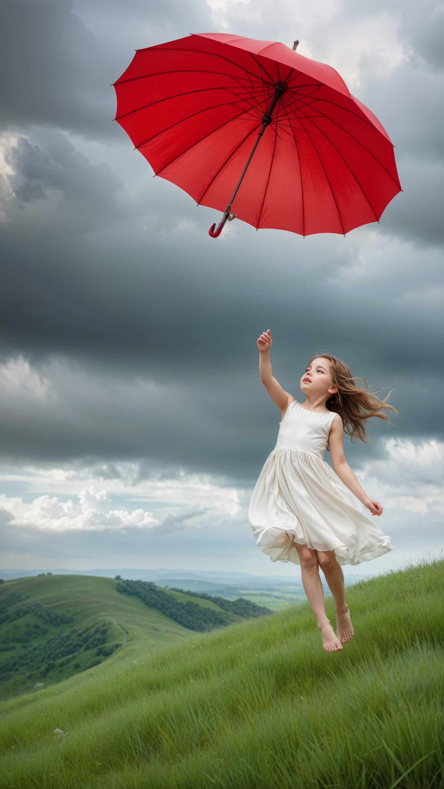 Young girl dances in white dress under dark clouds