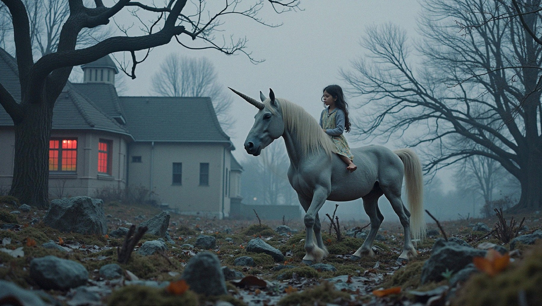 Young girl on unicorn in misty, mysterious landscape