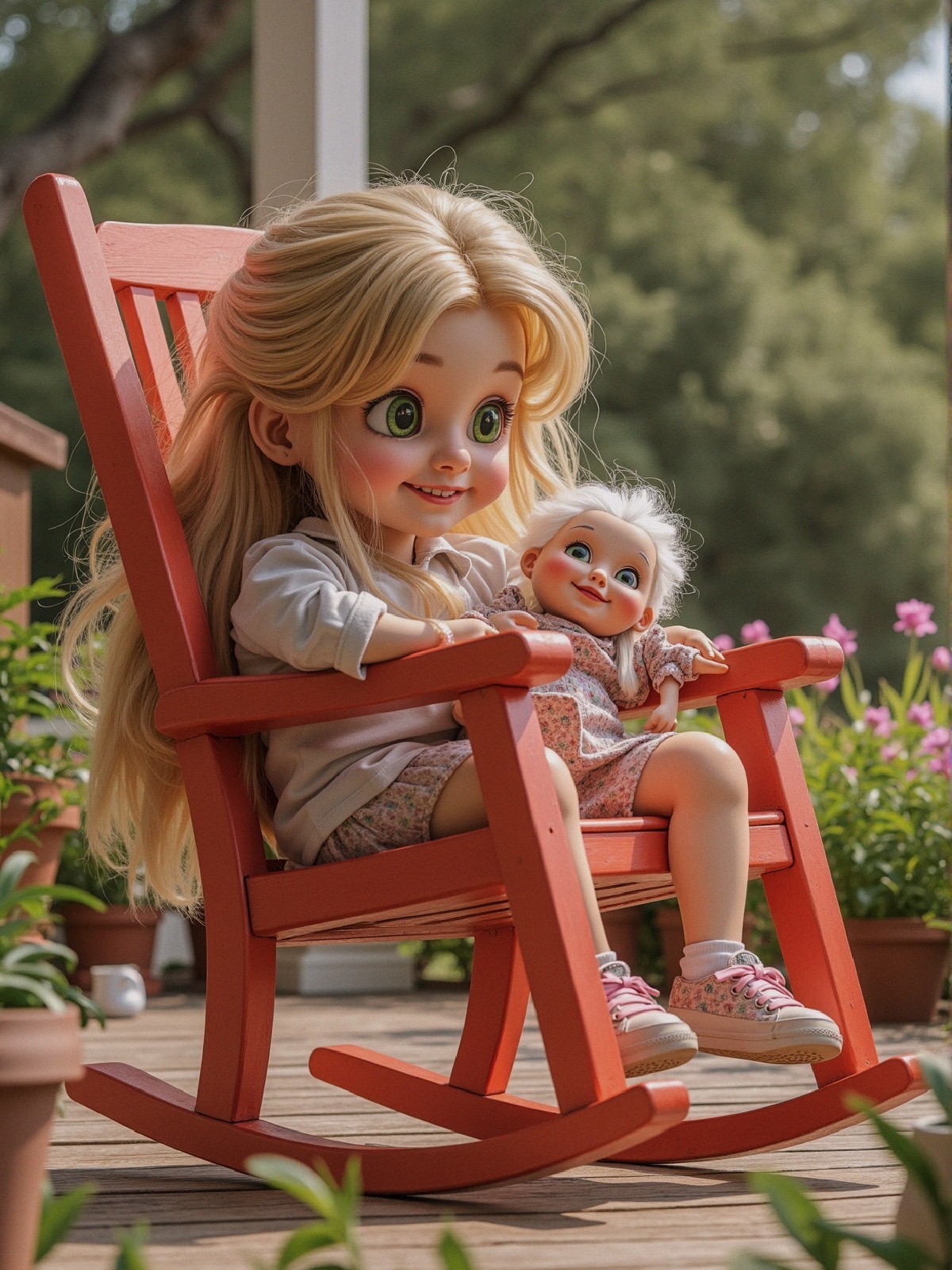Doll on Rocking Chair Surrounded by Plants and Flowers
