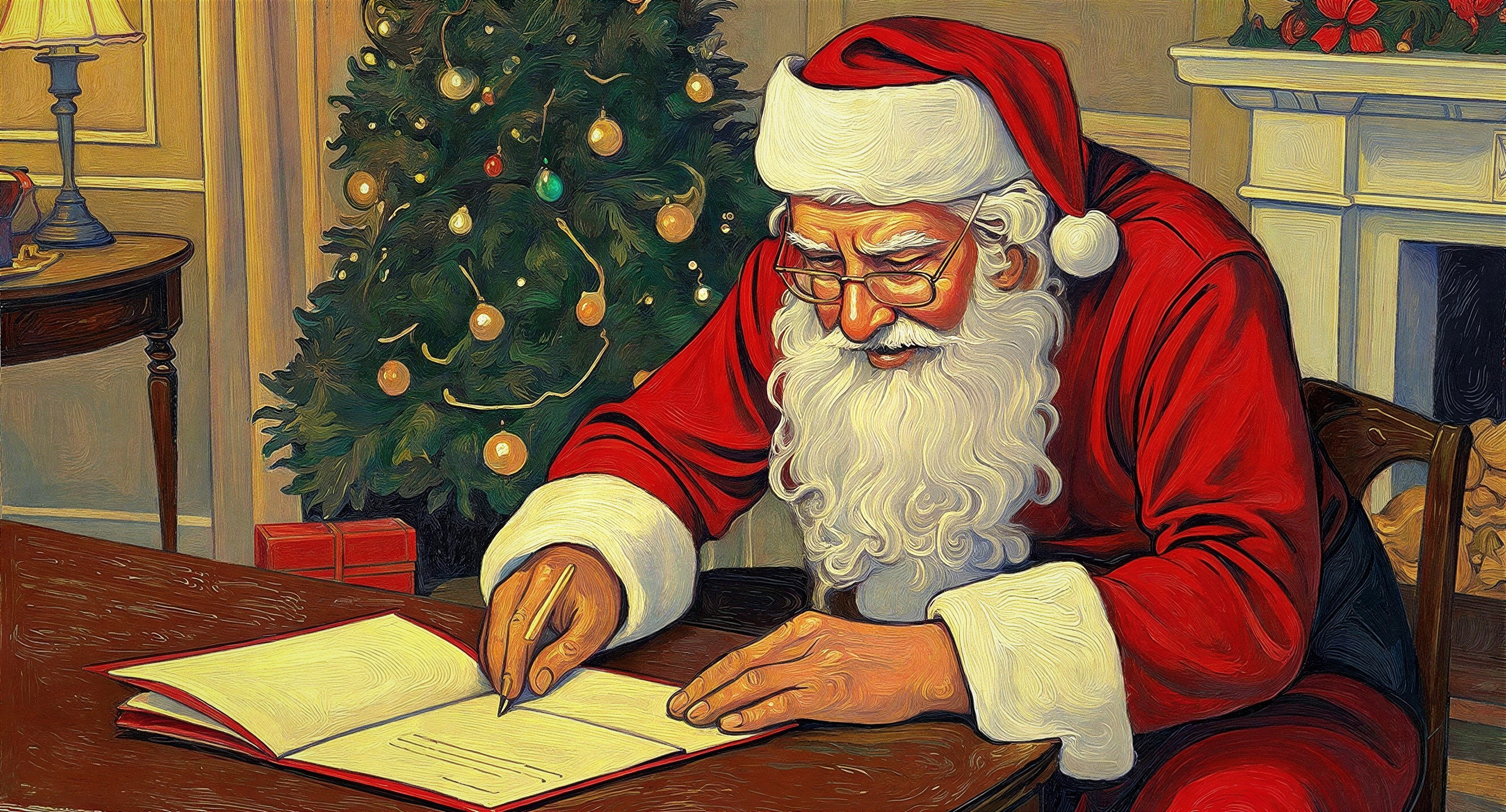 Santa Claus Writing at a Desk by a Christmas Tree