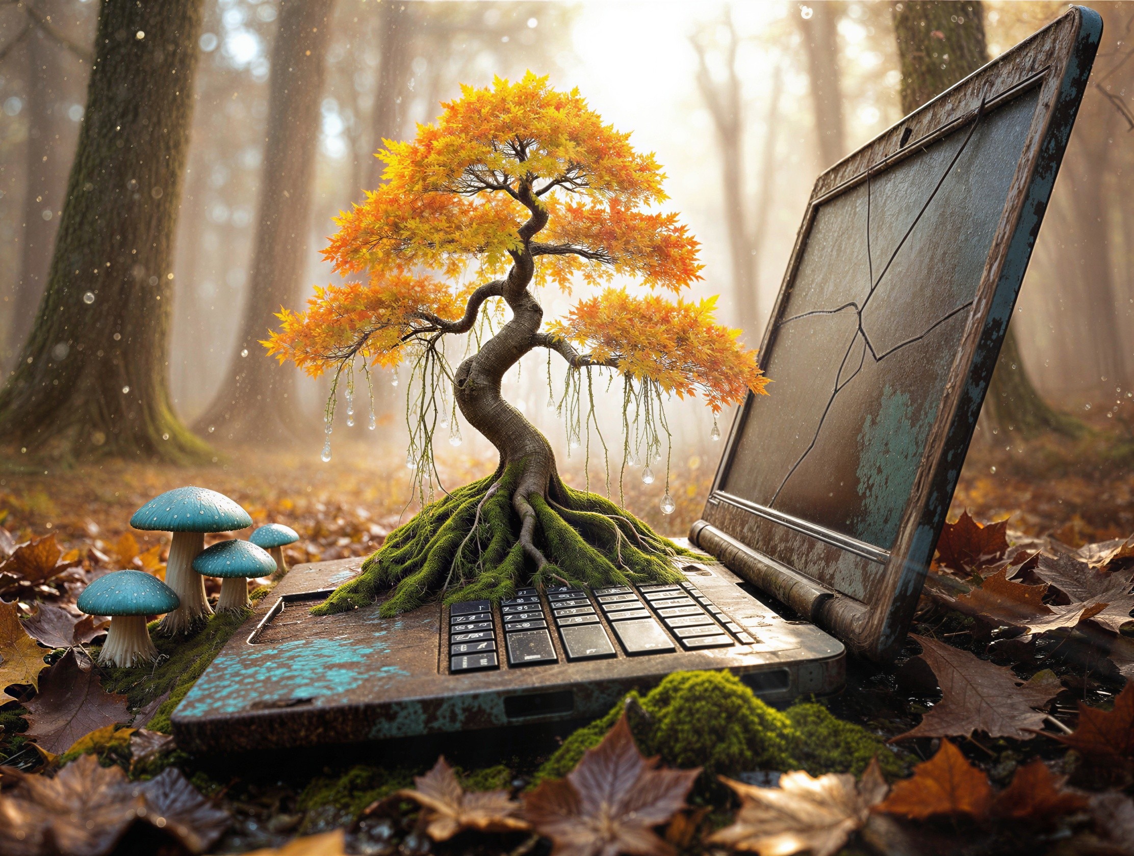 Old Laptop Entwined with Tree Roots in Forest Setting