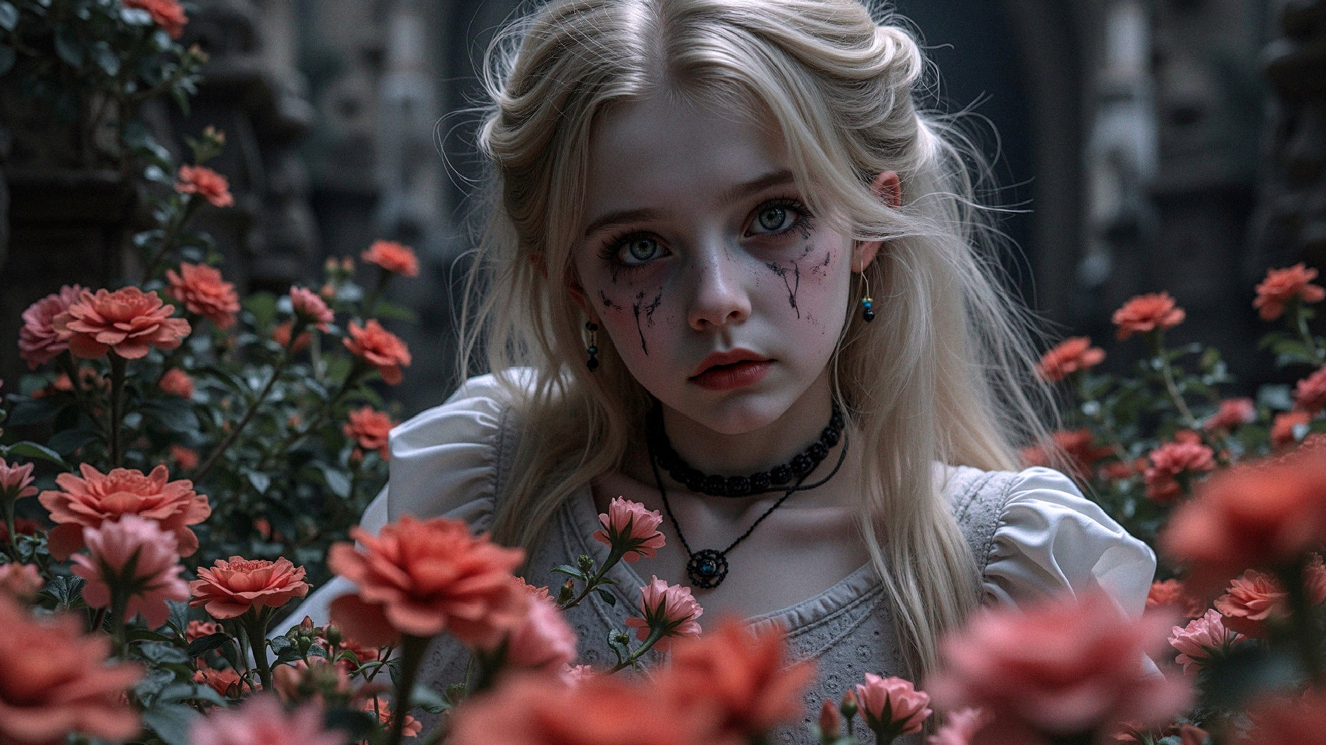 Young girl in vintage dress surrounded by blooming roses