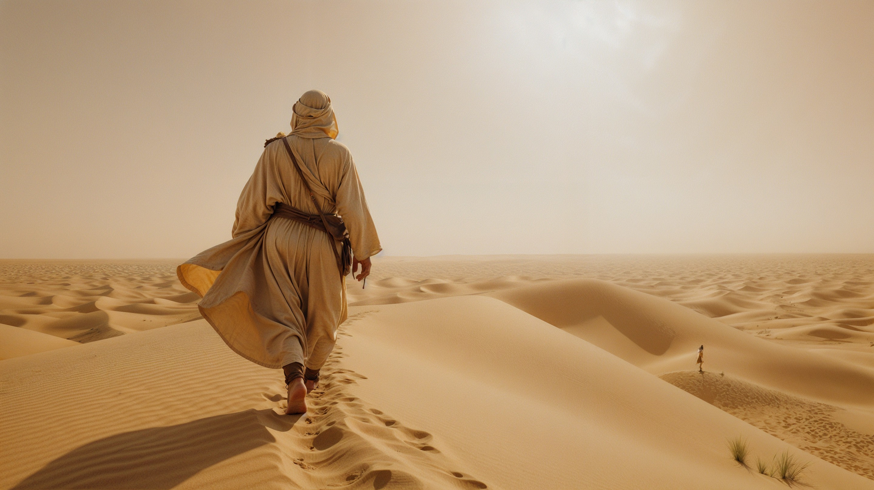 Lone Figure in Vast Desert Landscape with Sand Dunes