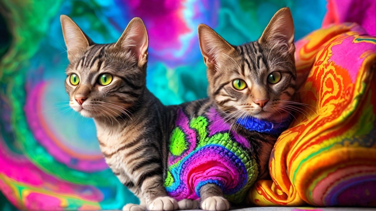 Whimsical Tabby Cats in Colorful Sweaters