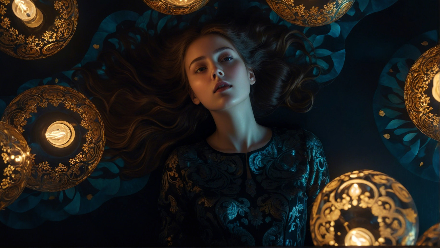 Serene woman in ornate lantern light with dark dress