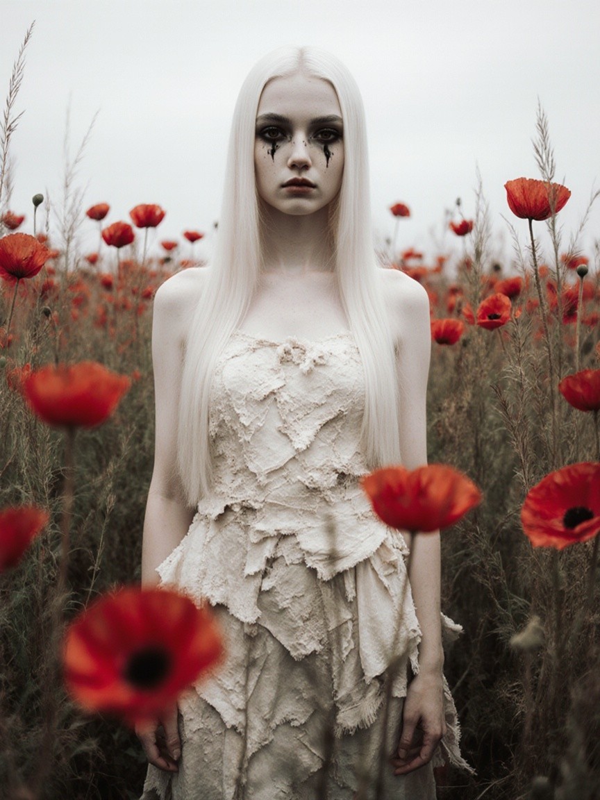 Young Woman in Poppy Field with Ethereal Atmosphere