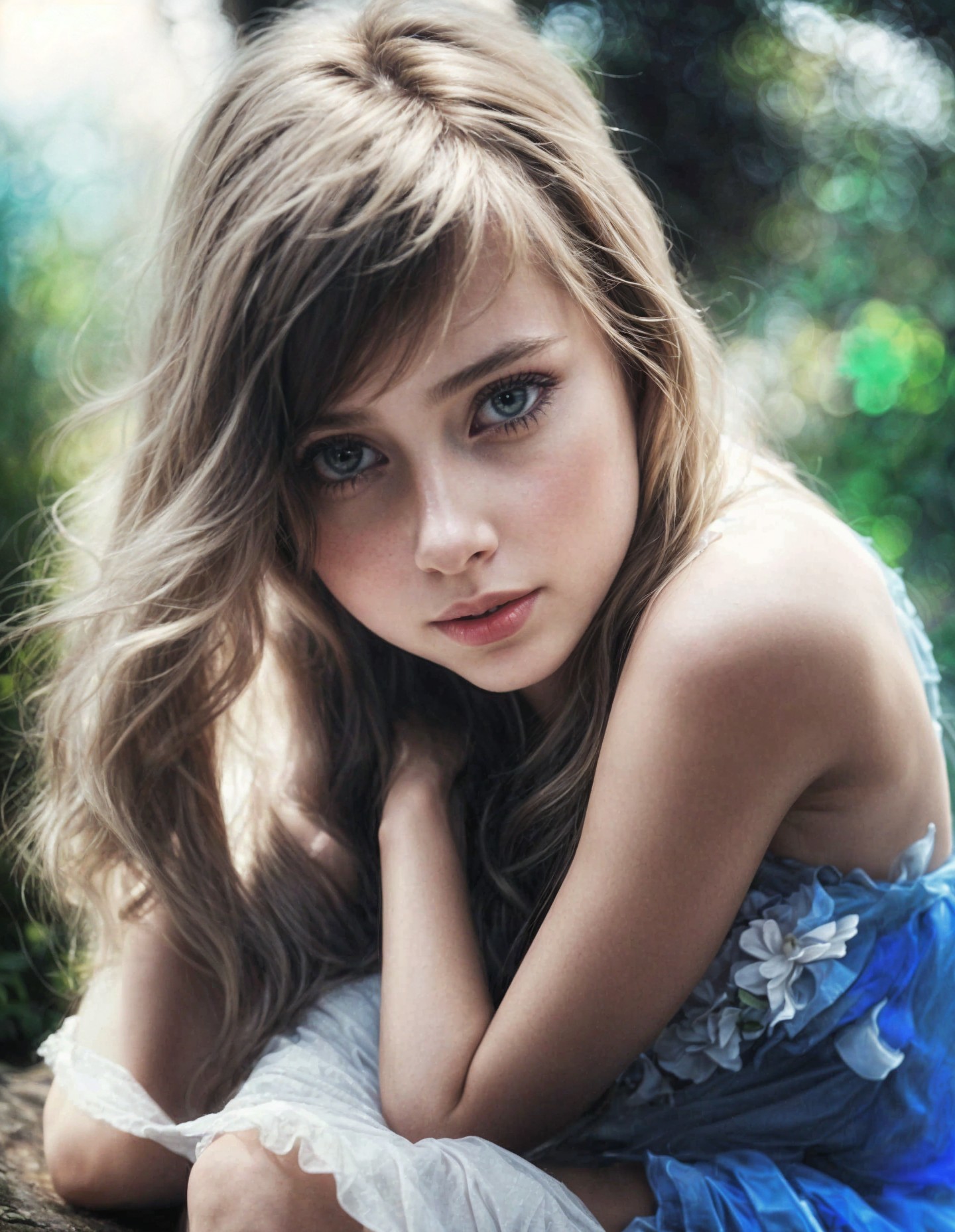 Young girl in blue dress with flowing blonde hair