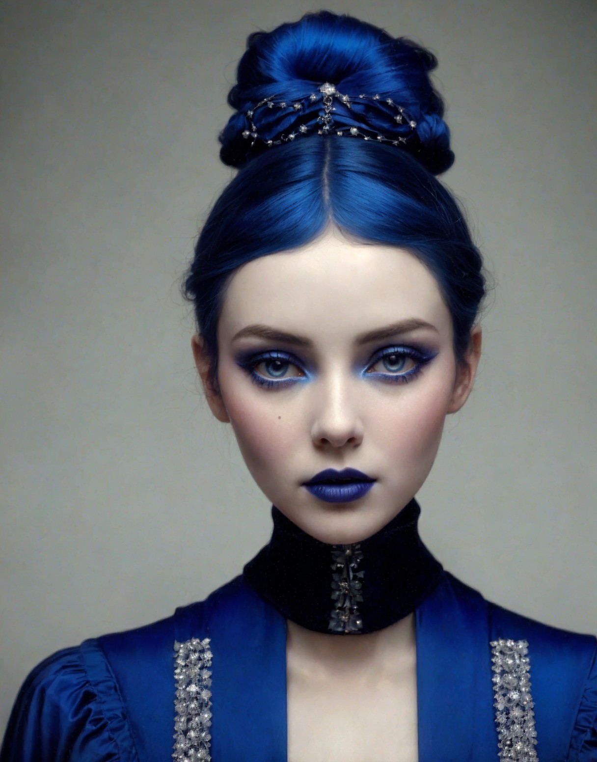 Ethereal Portrait of a Woman with Blue Hair and Attire