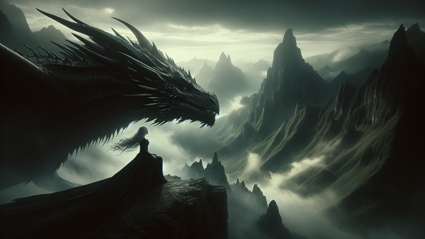 Majestic Dragon Overlooks Figure in Misty Landscape