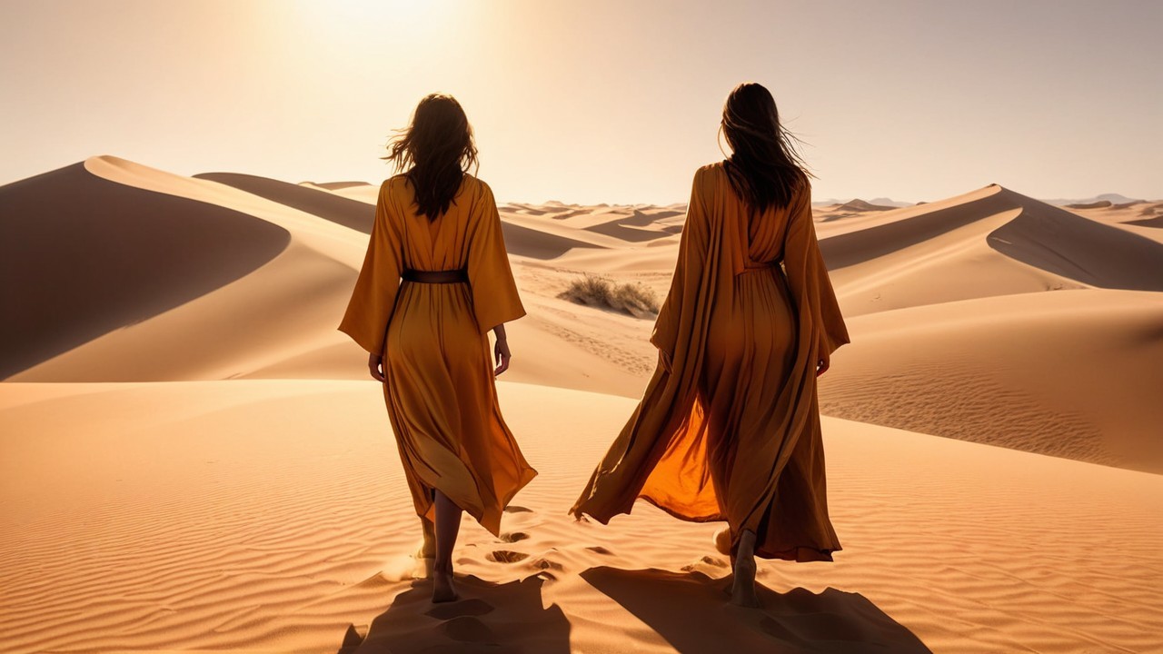 Figures in Golden Robes in Serene Desert Landscape