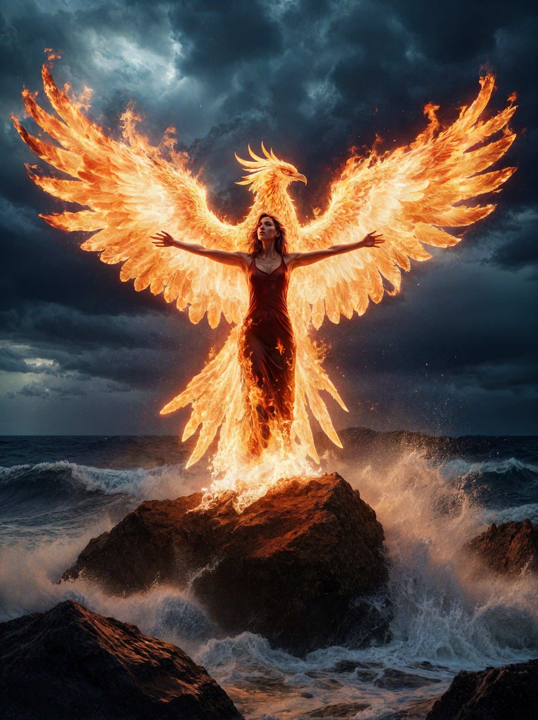 Phoenix Figure Amidst Stormy Shoreline and Flames