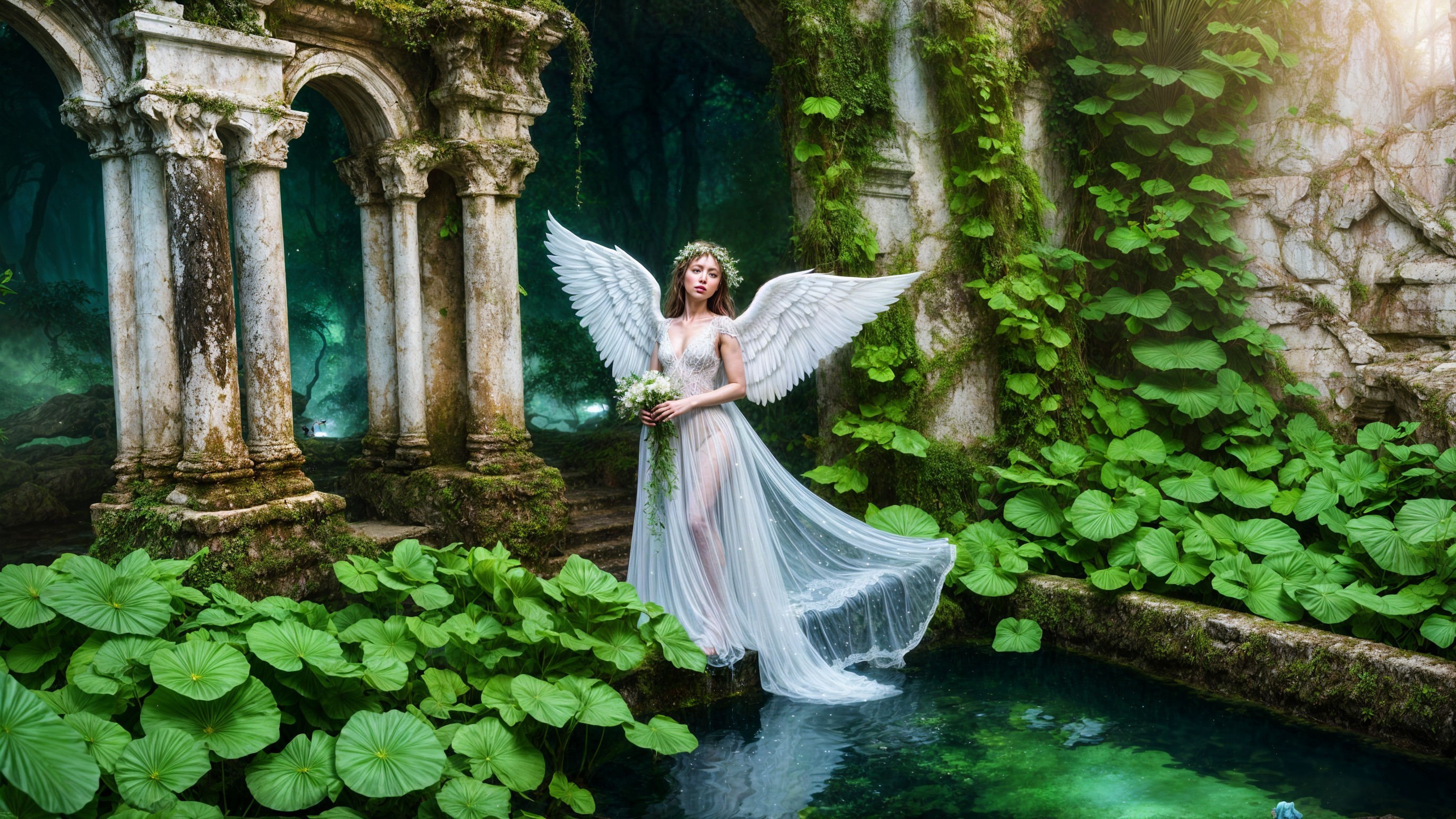 Mystical Scene with Winged Woman by Serene Pool