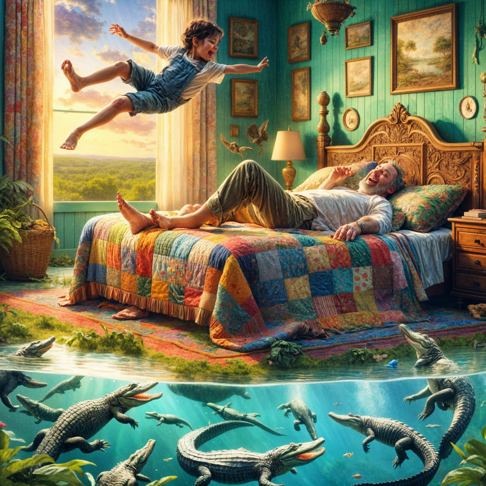Whimsical Room with Playful Interaction and Fantasy Scene