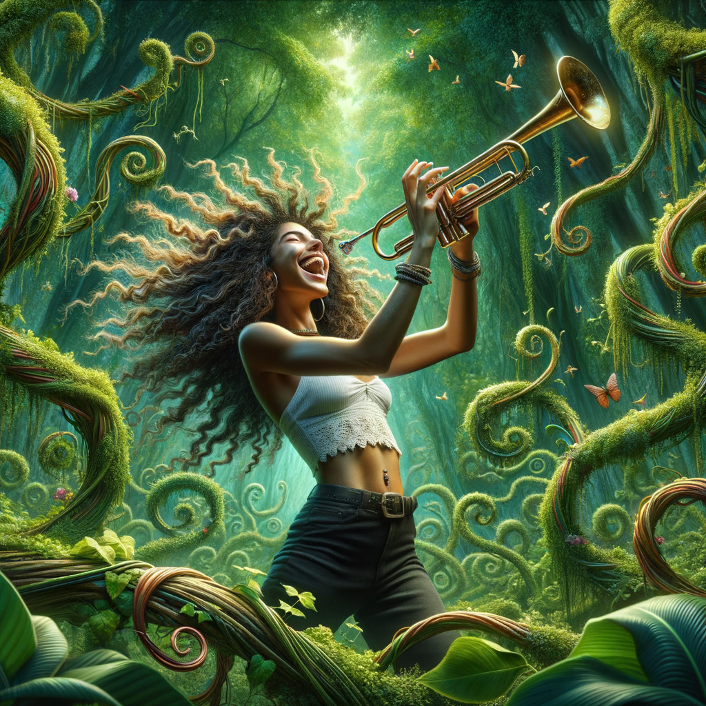 Woman Playing Trumpet in a Lush Jungle Setting