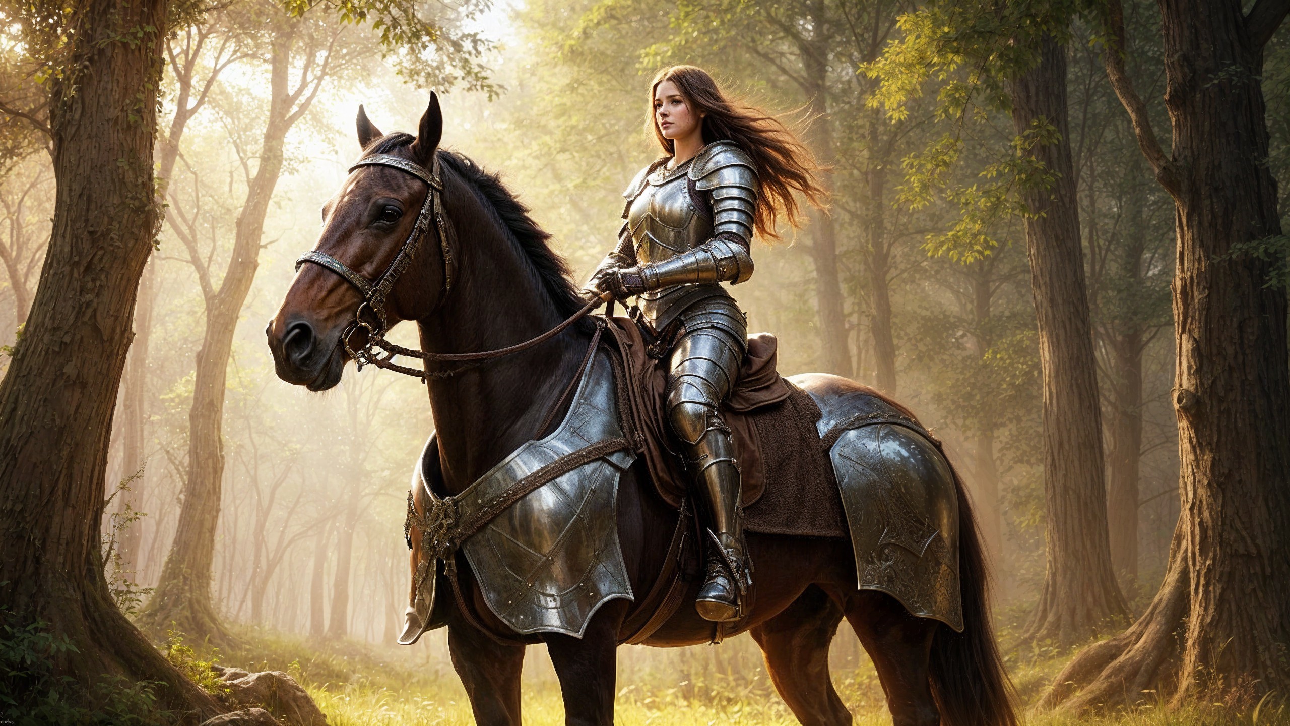 Knight in Armor on Horse in Sunlit Forest Setting