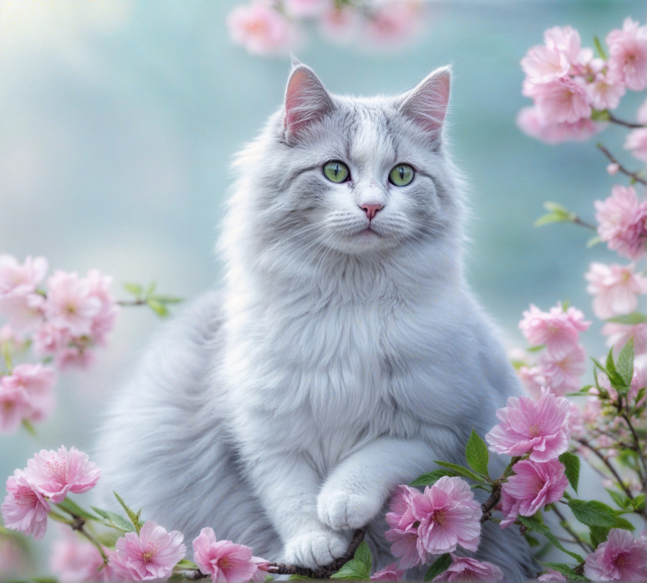 Fluffy Silver Cat Surrounded by Pink Blossoms