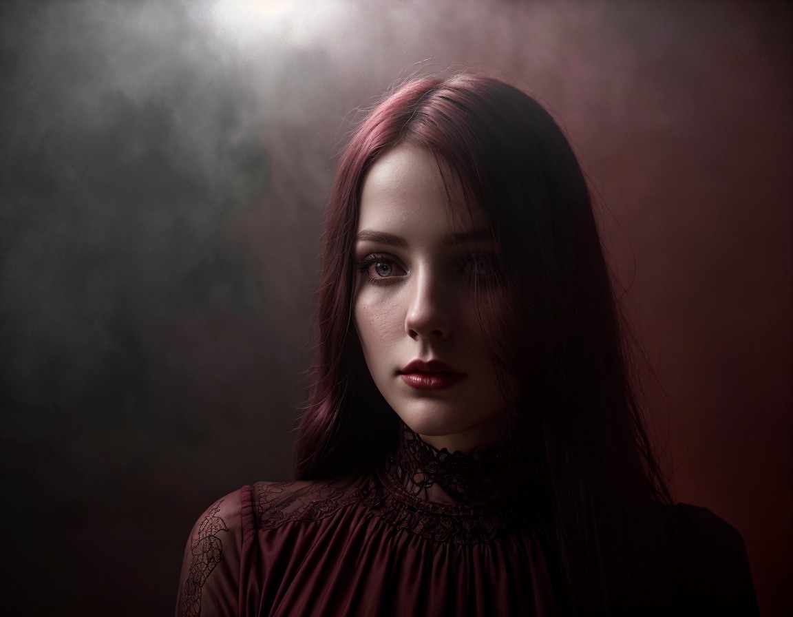 Young Woman in Red Blouse with Dramatic Lighting
