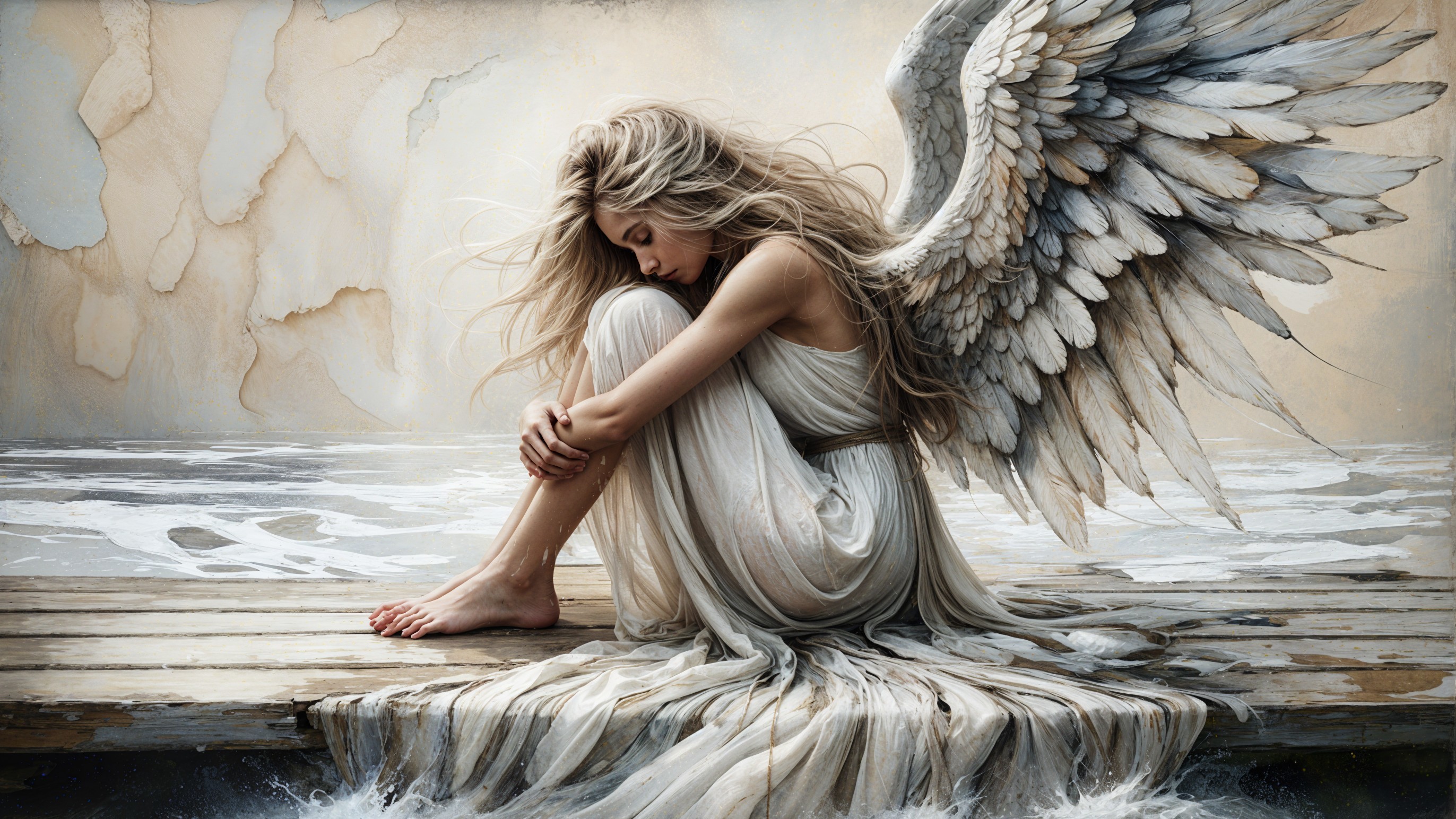 Ethereal Angel on Weathered Dock with Detailed Wings