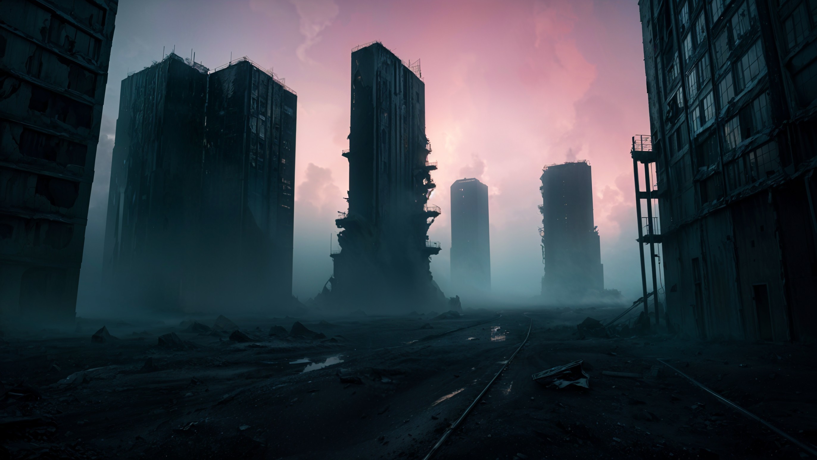 Post-Apocalyptic Landscape with Mist and Decay