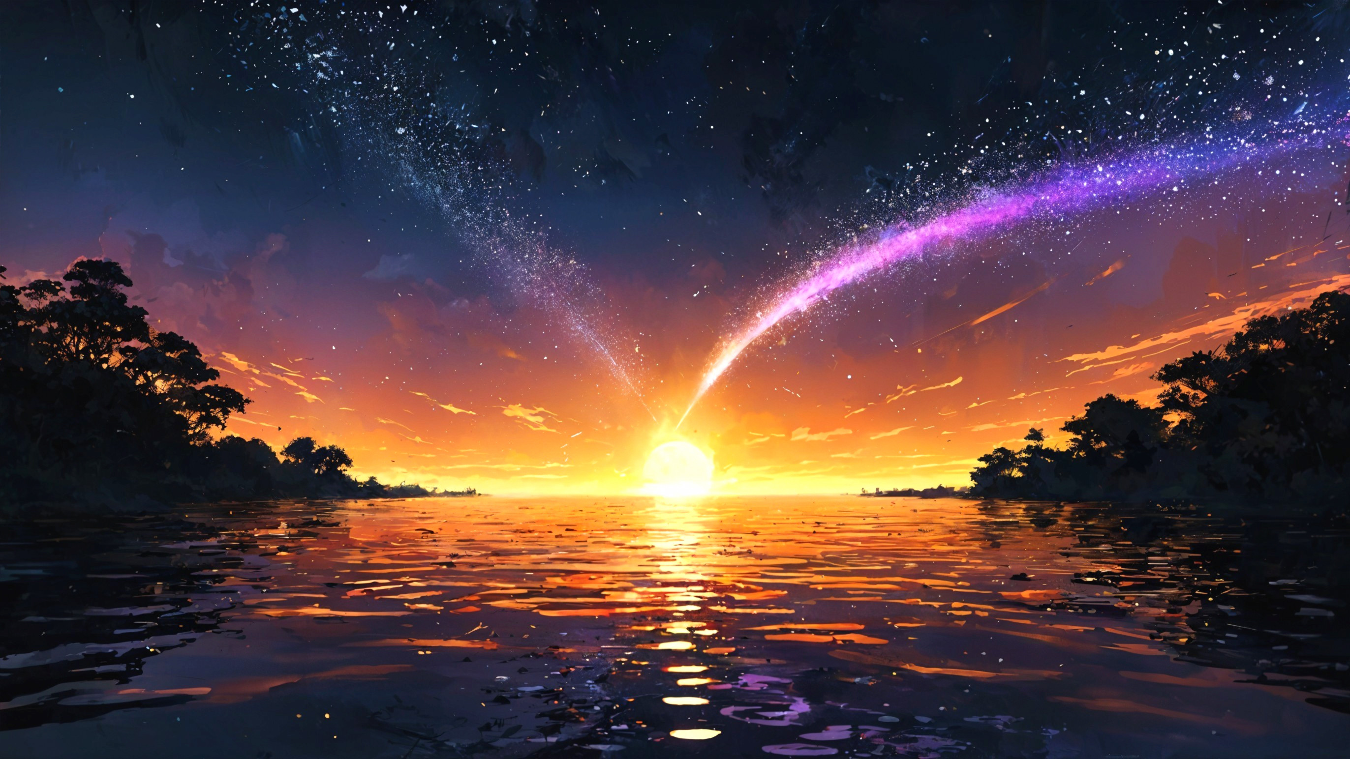 Vibrant Sunset with Starlit Sky and Reflective Water