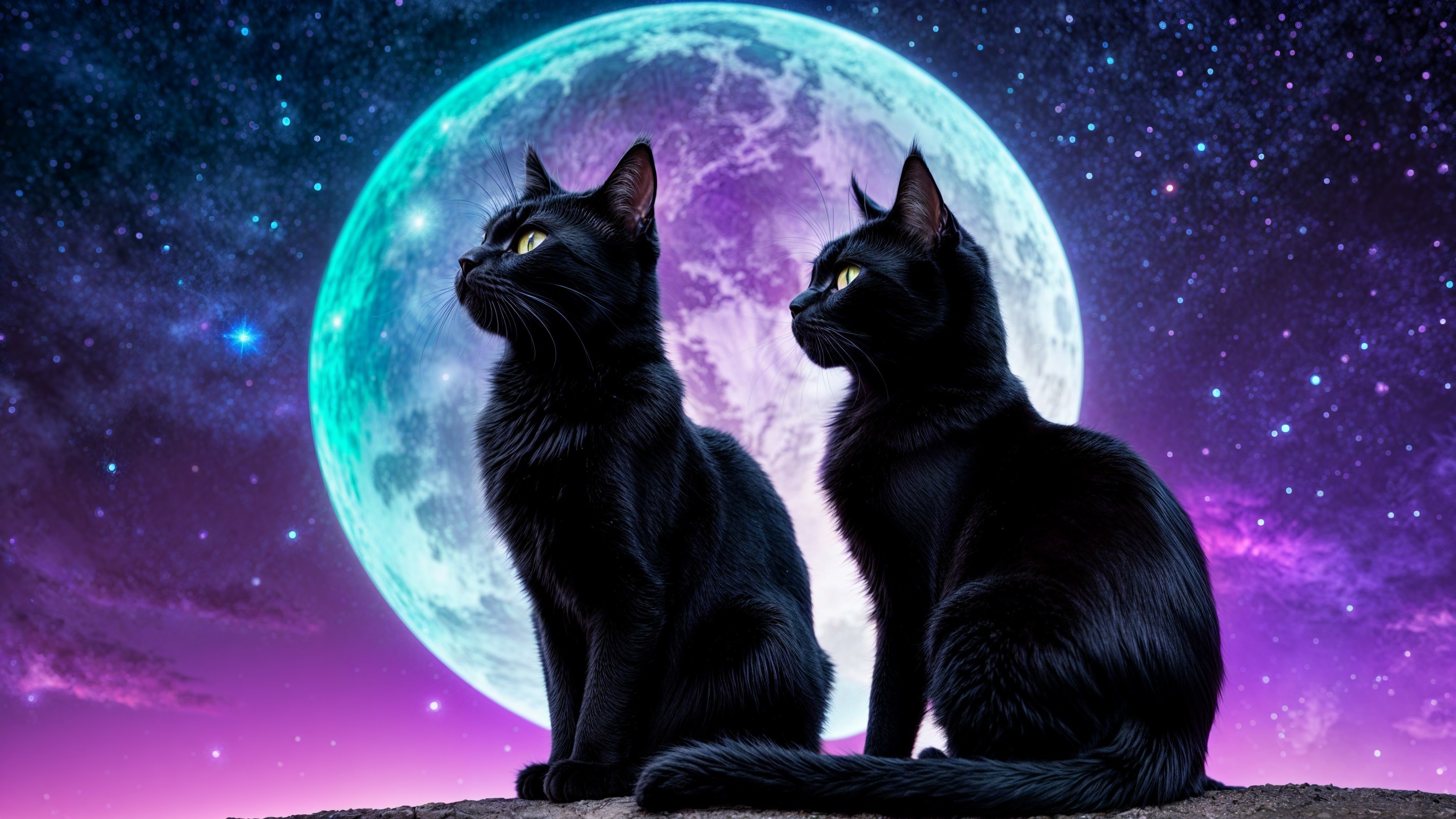 Black Cats Under a Full Moon in Starry Sky