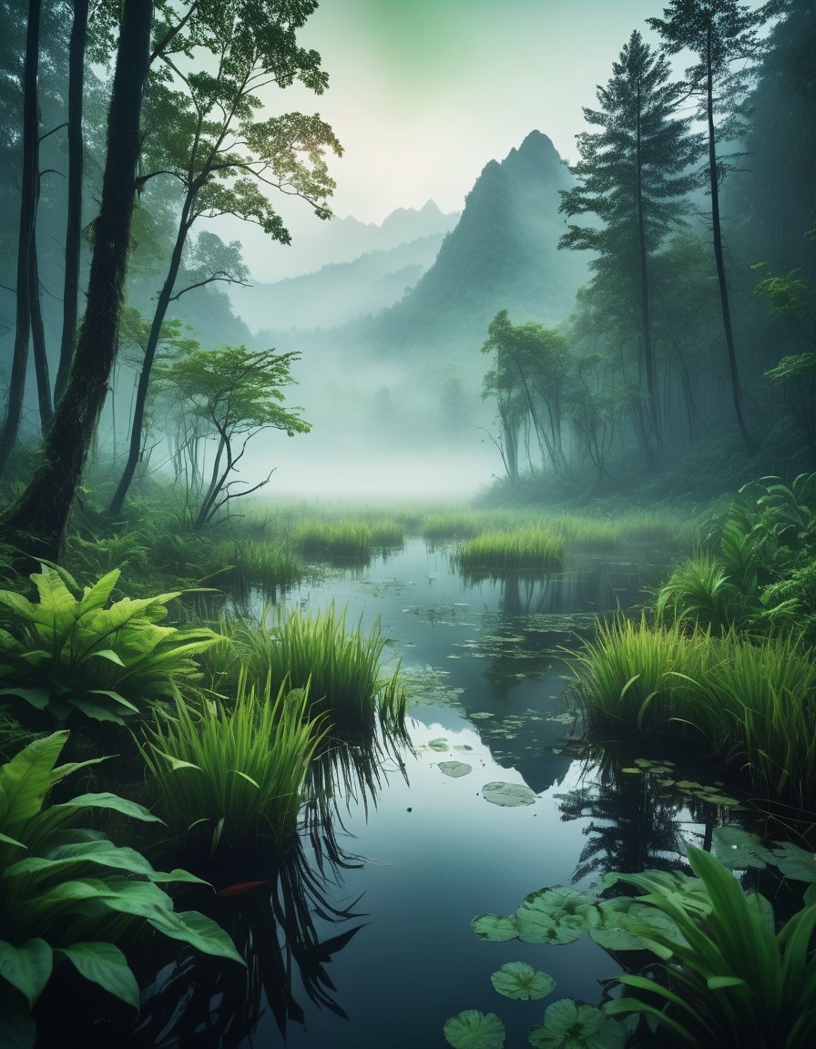 Misty River in Lush Forest with Towering Mountains