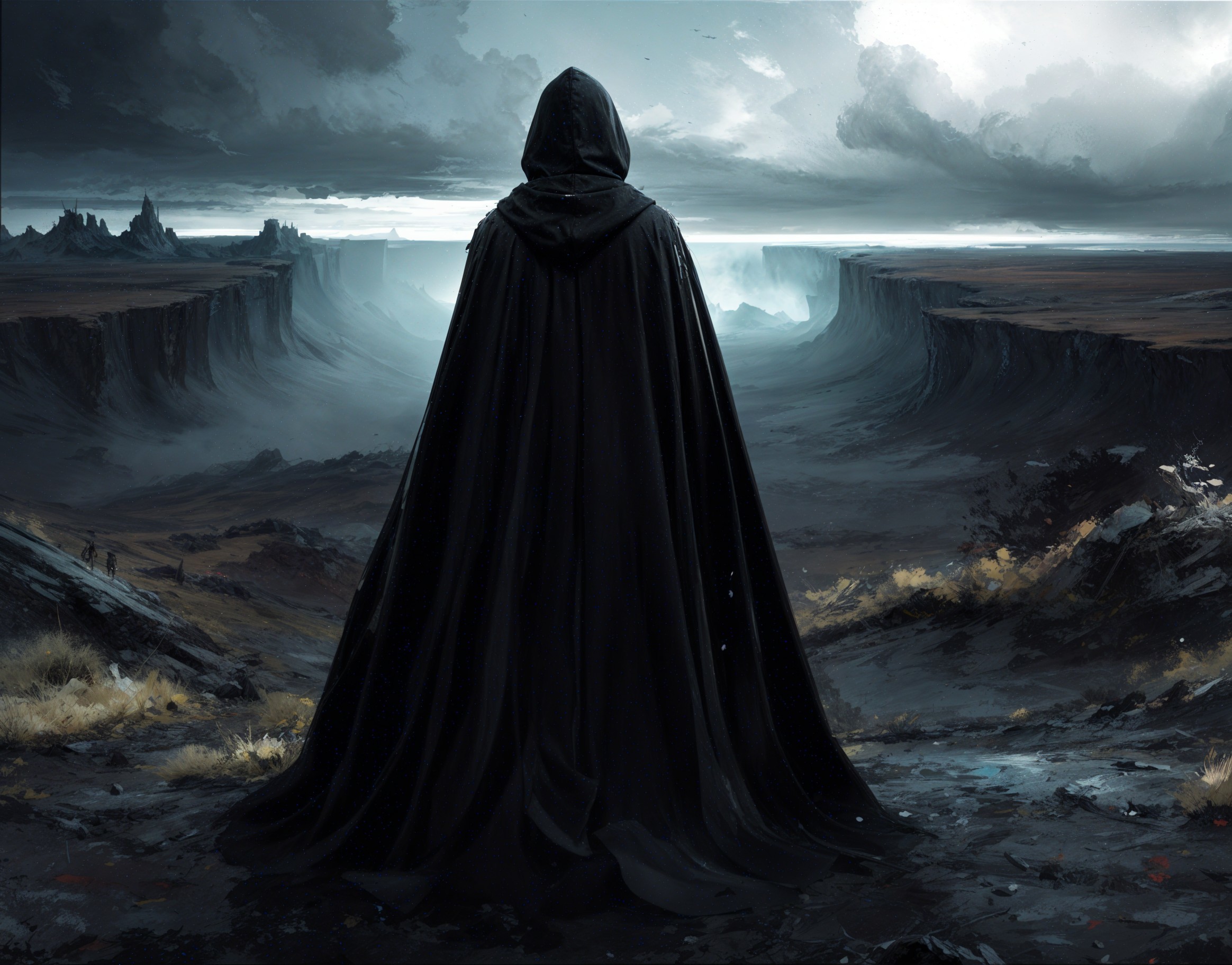 Cloaked Figure Overlooks Dramatic Canyon Landscape