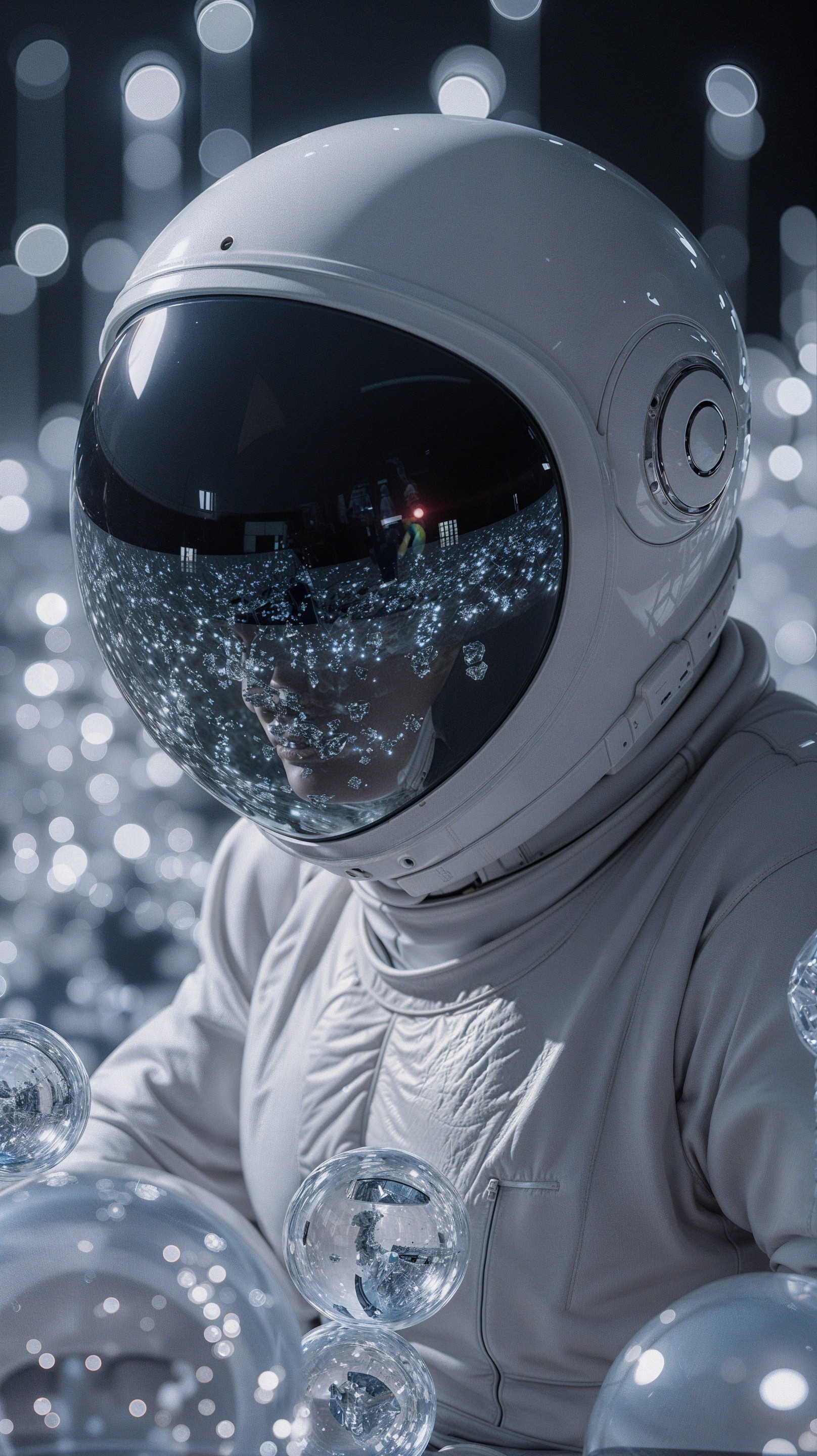 Astronaut in White Suit Surrounded by Shimmering Orbs