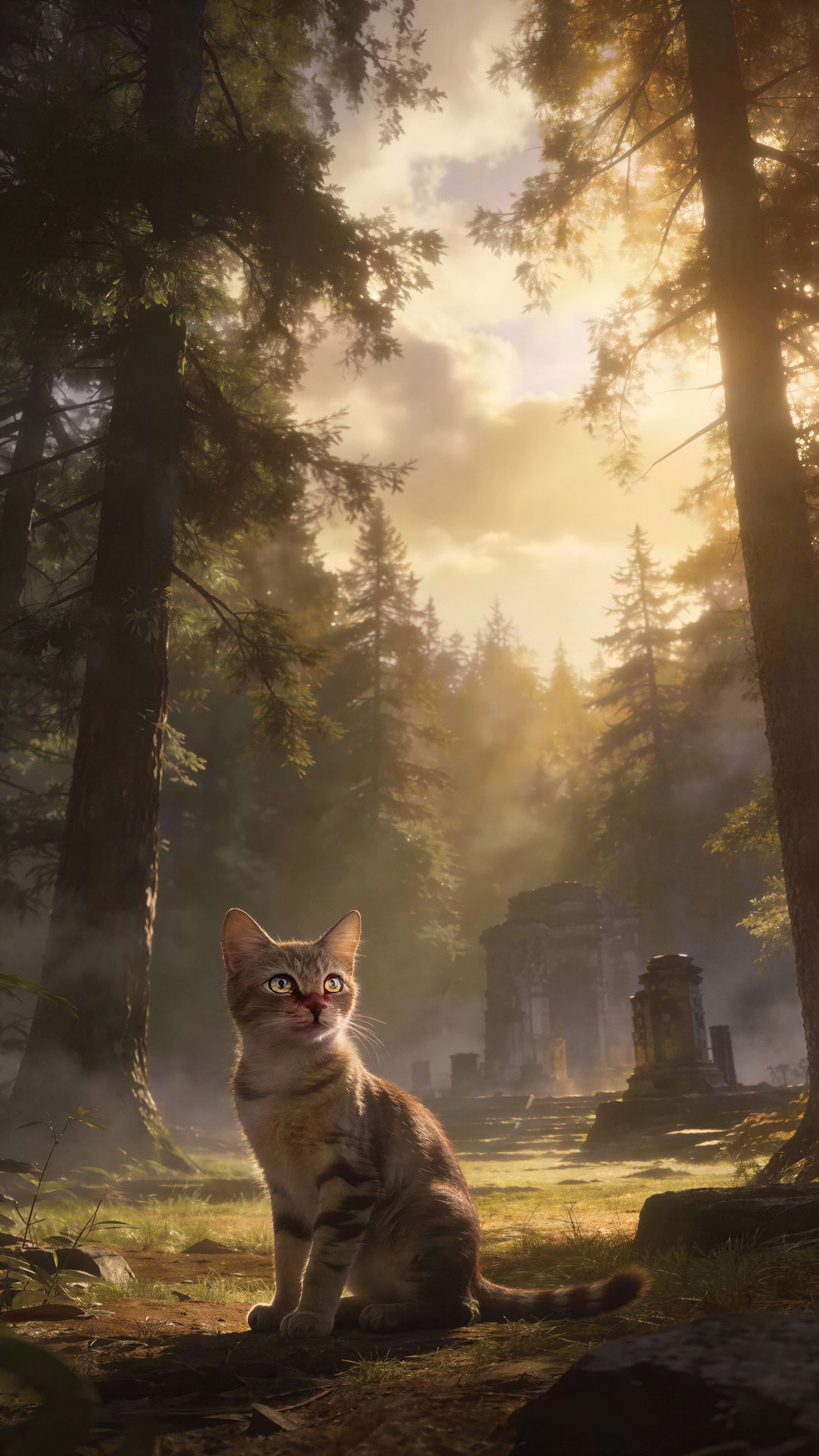 Tabby Cat in Forest with Sunlight and Fog