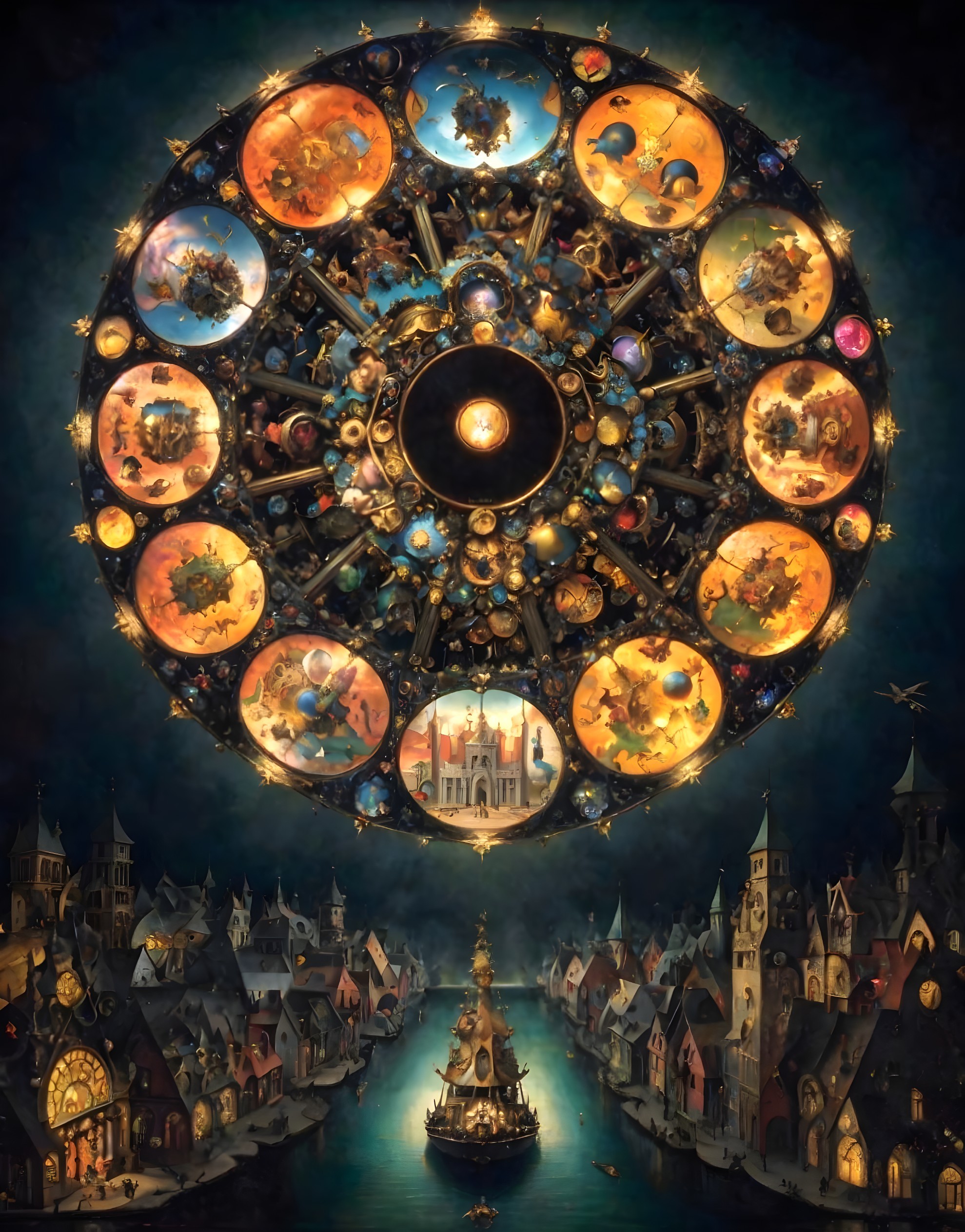 Celestial Wheel with Zodiac Signs and Serene Town