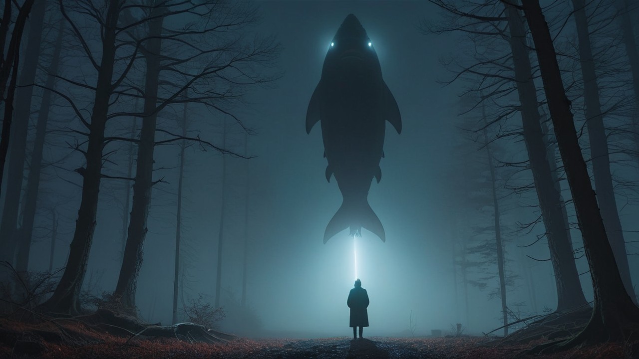 Silhouetted Figure in Misty Forest with Giant Fish