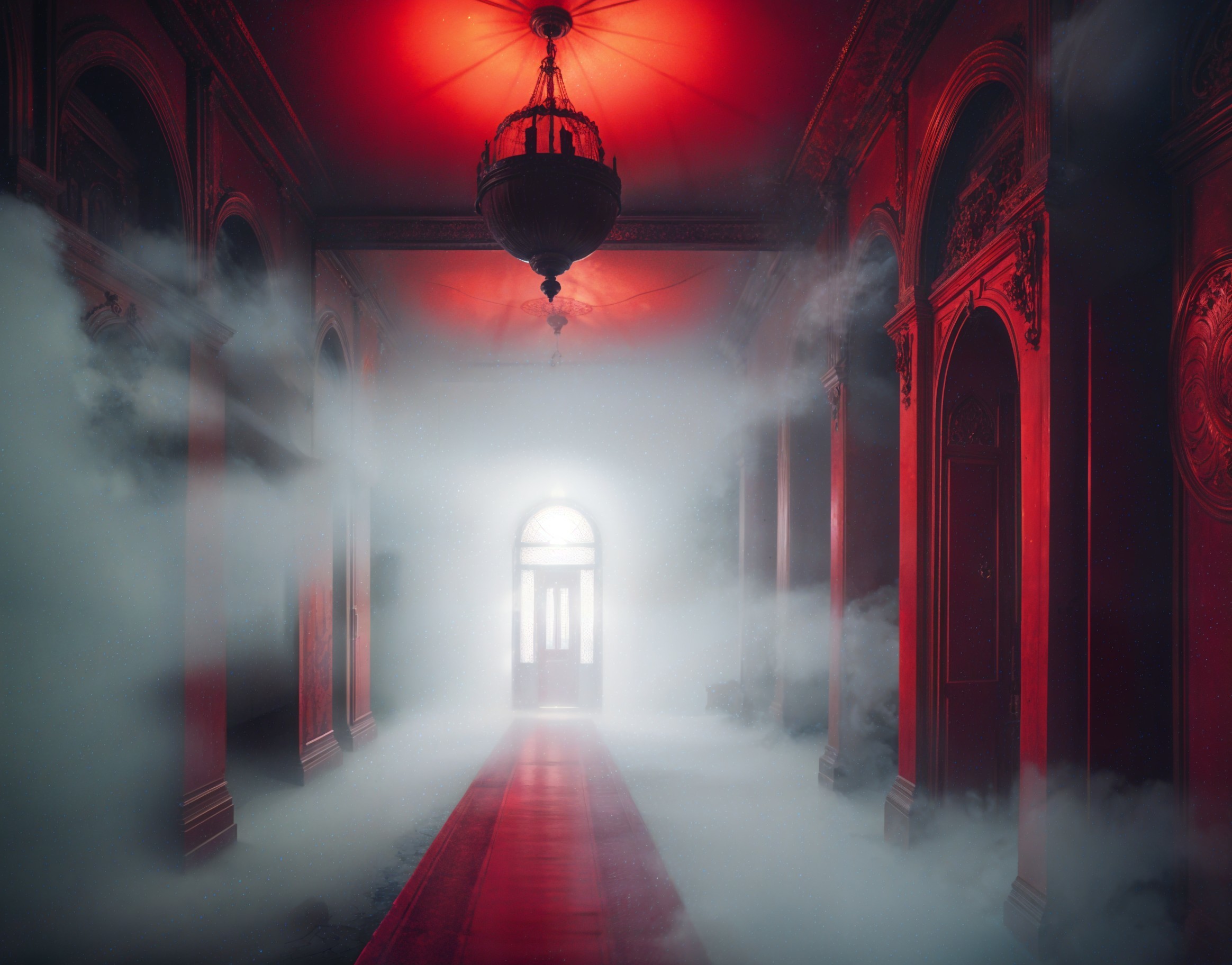 Dimly Lit Corridor with Fog and Red Glow