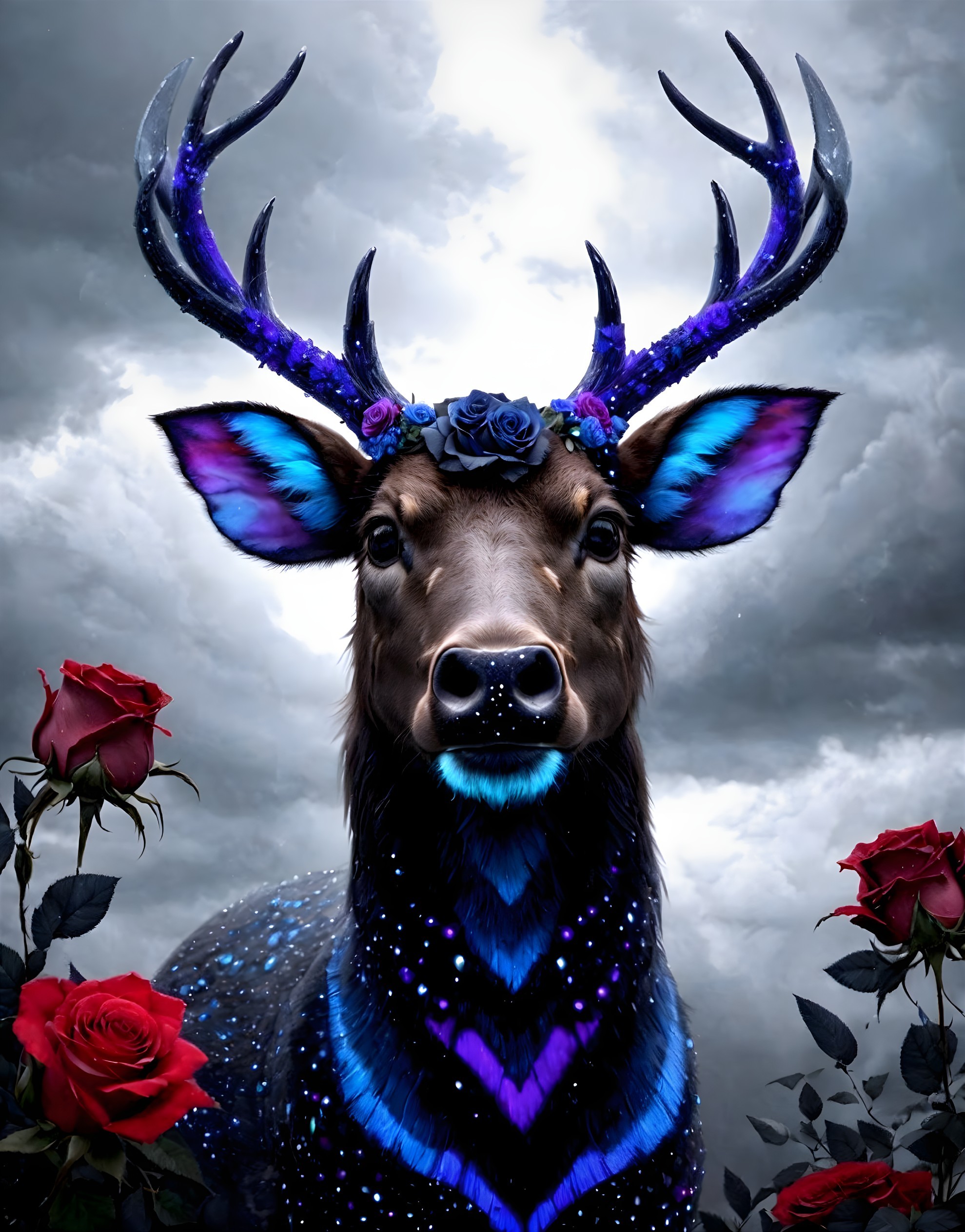 Majestic deer with cosmic fur and rose-adorned antlers