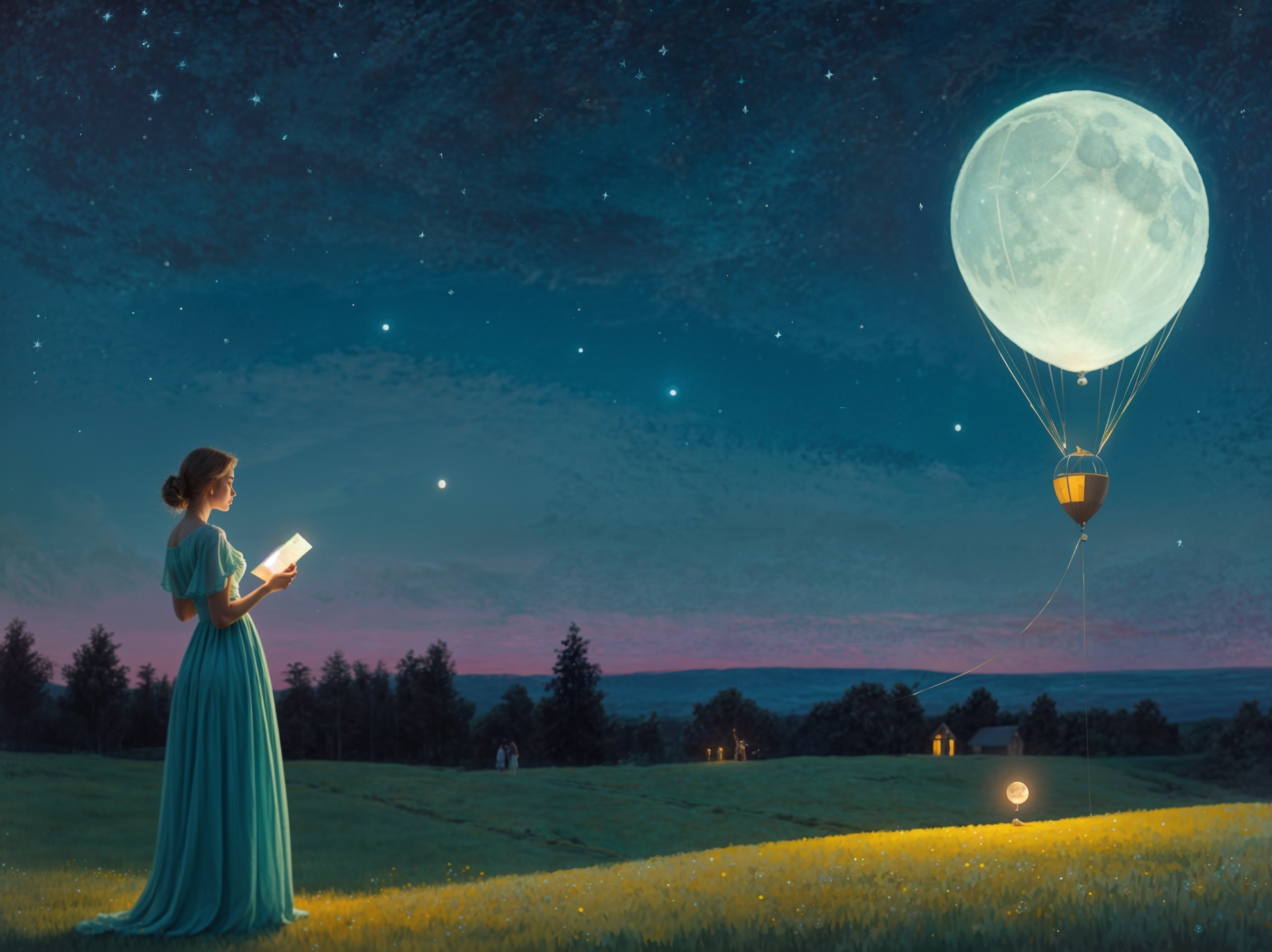 Serene Landscape with Woman Reading Under Stars