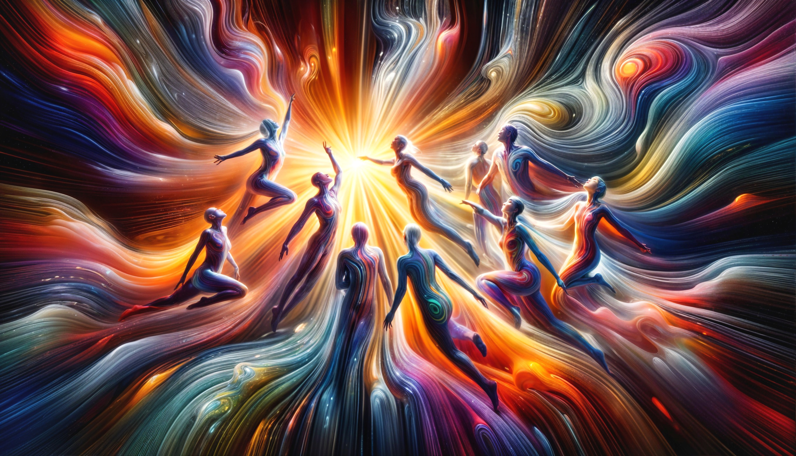 Cosmic Scene with Ethereal Figures and Vibrant Colors