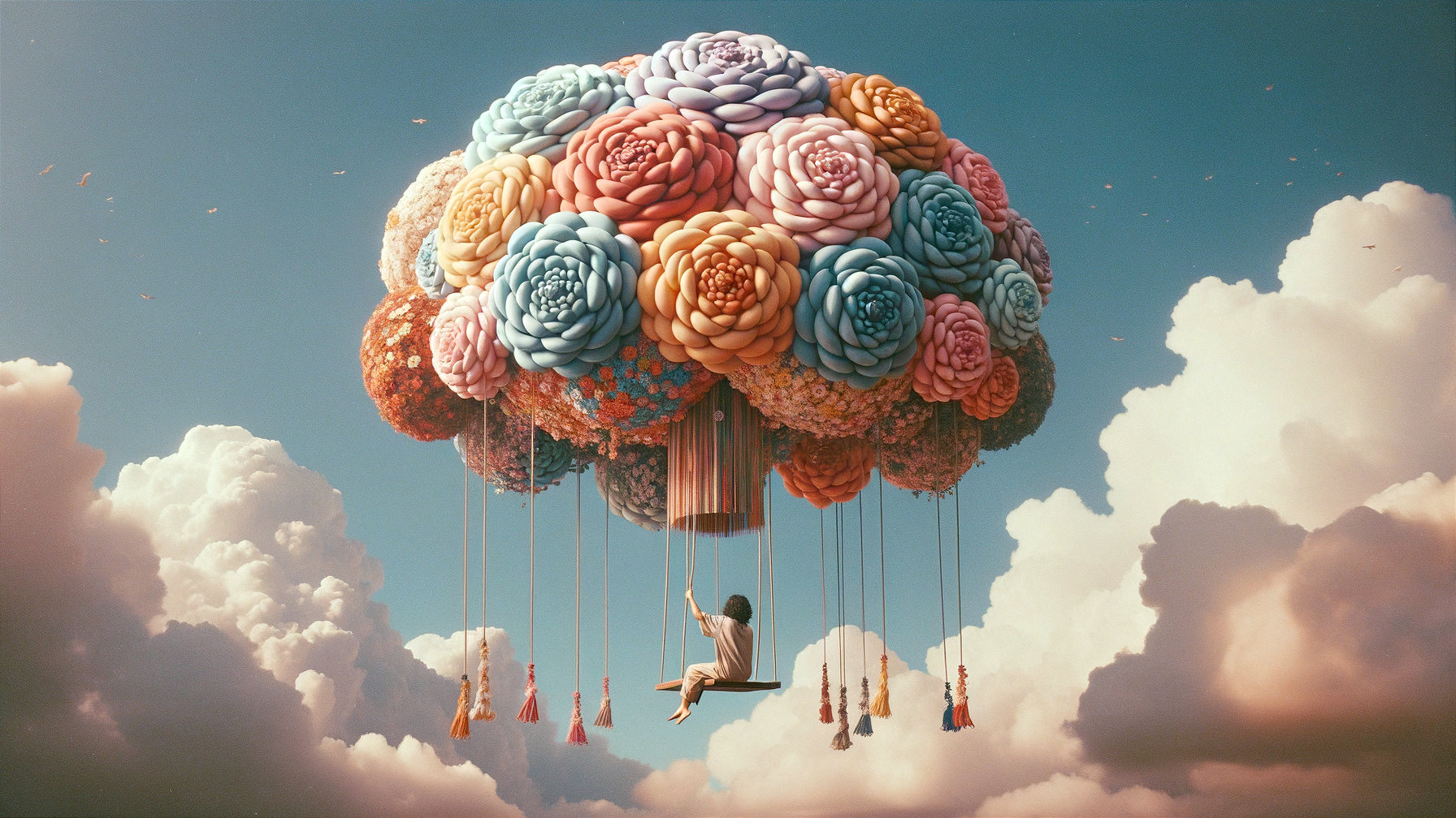 Whimsical Cloud Scene with Oversized Flowers and Swing