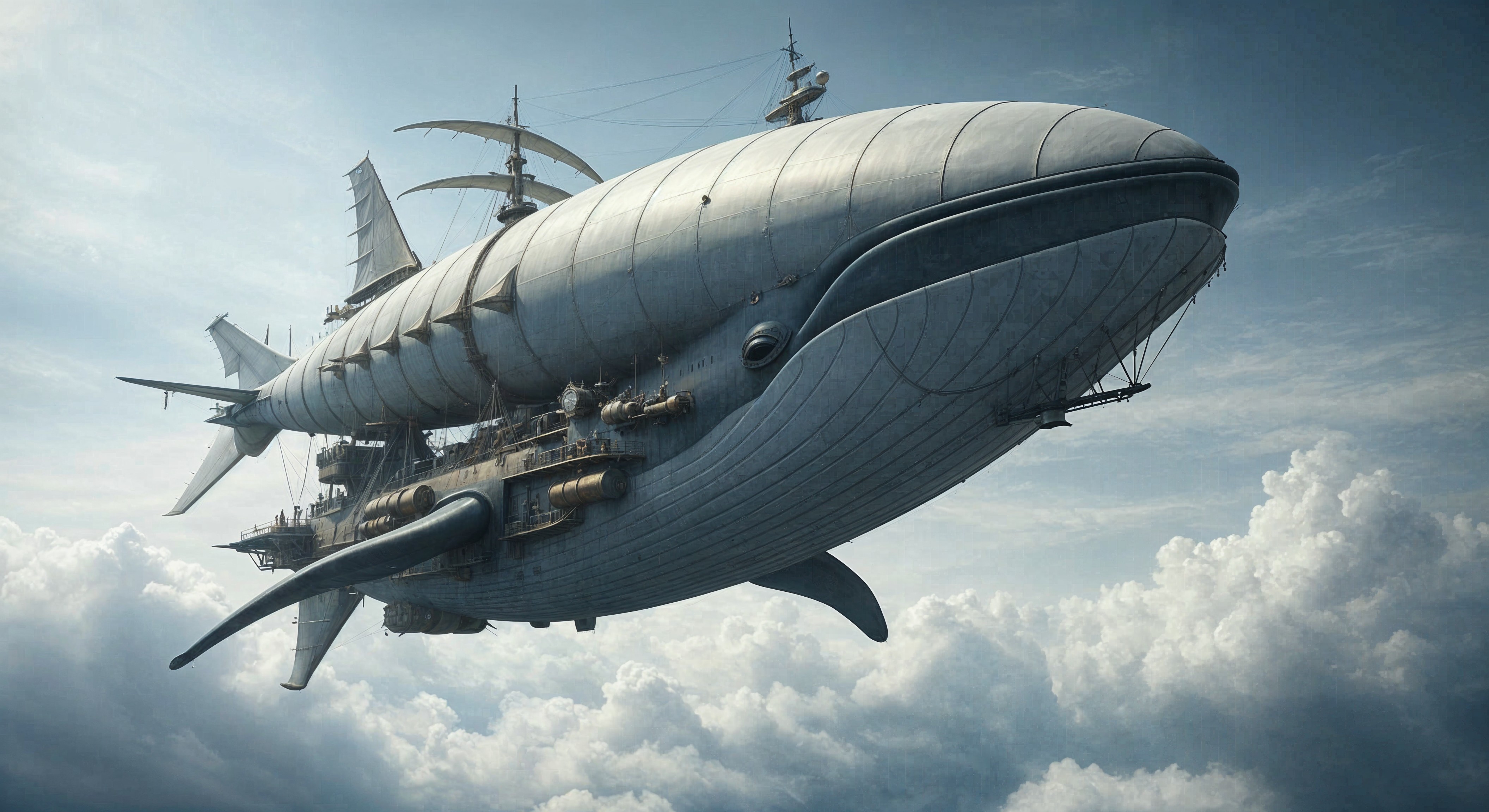 Whale-shaped airship floating among fluffy clouds