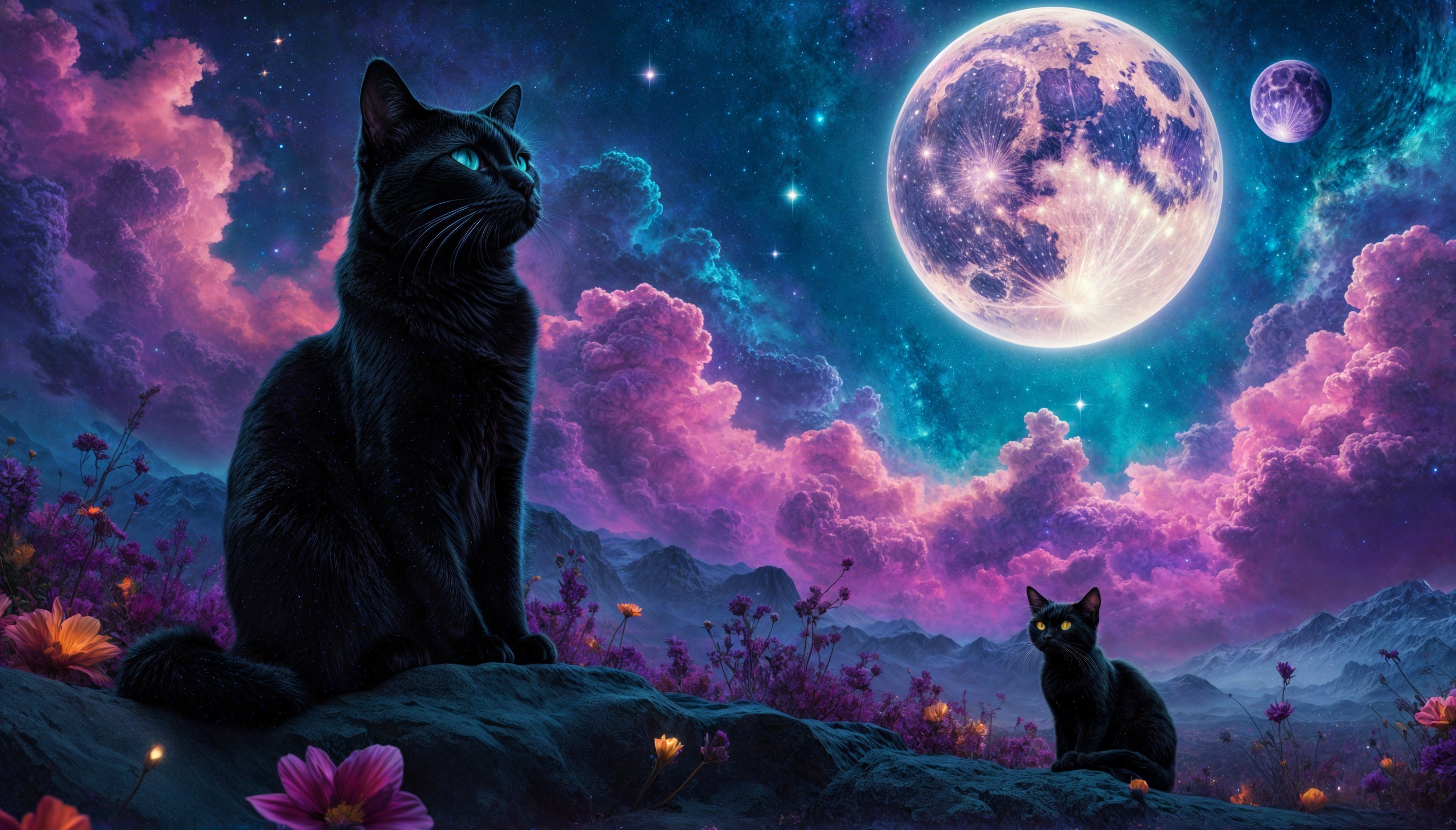 Majestic Black Cats Under a Full Moon in Cosmic Scene