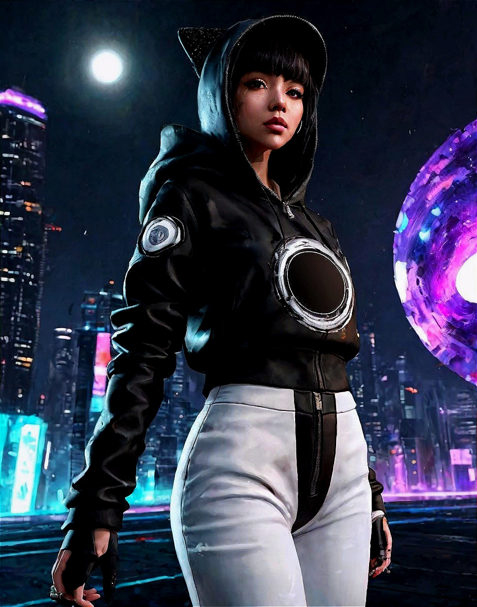 Confident Woman in Futuristic Neon Cityscape