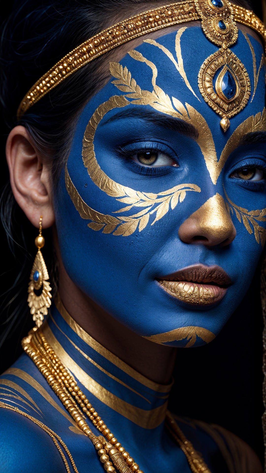 Close-up of an Indian woman with blue body paint and gold adornments