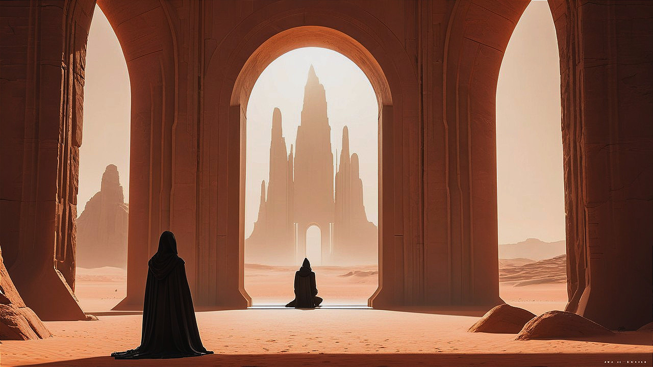 Cloaked Figures Under Archway in Desert Landscape